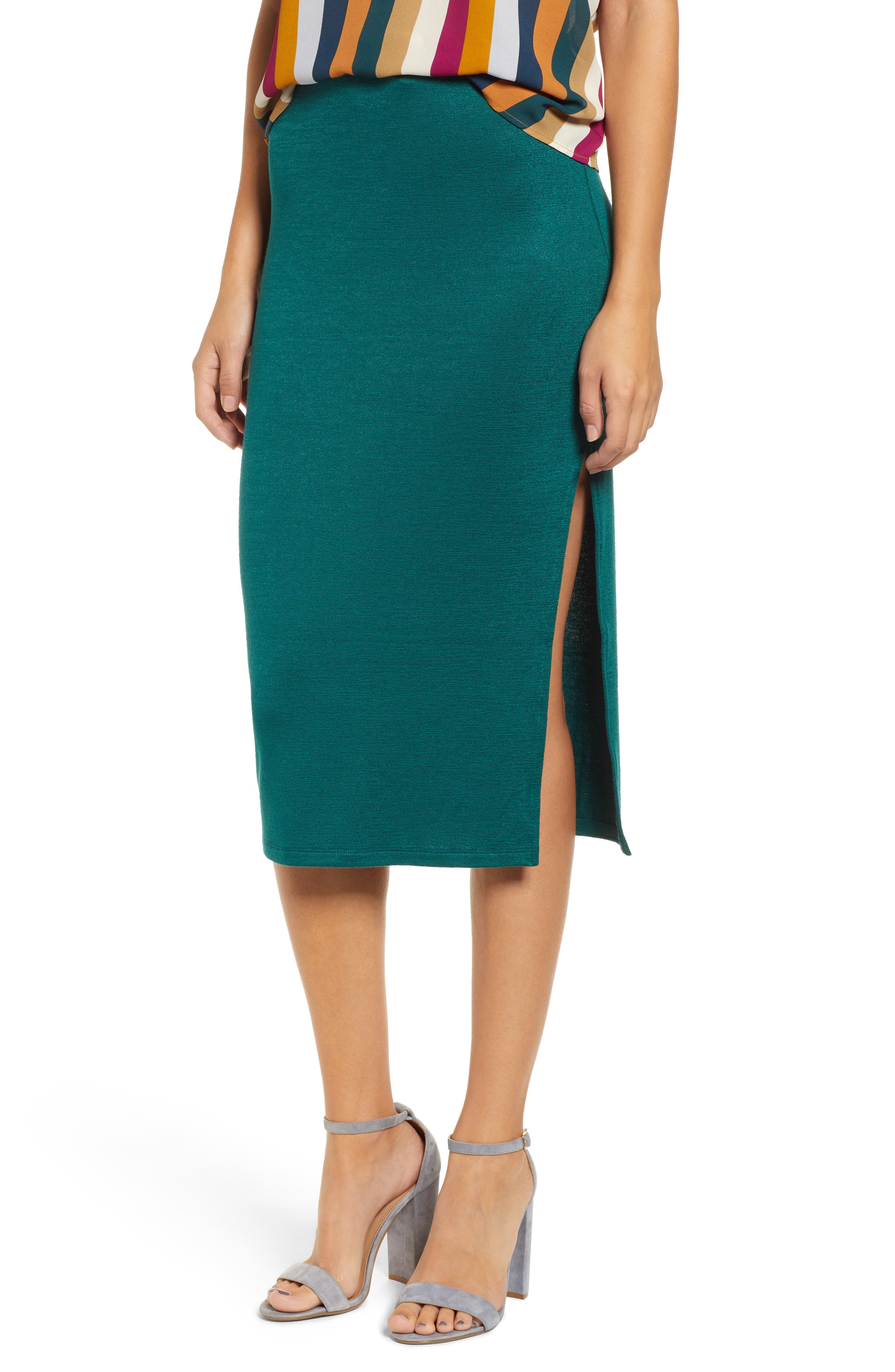 Leith High Slit Marled Midi Skirt, Green