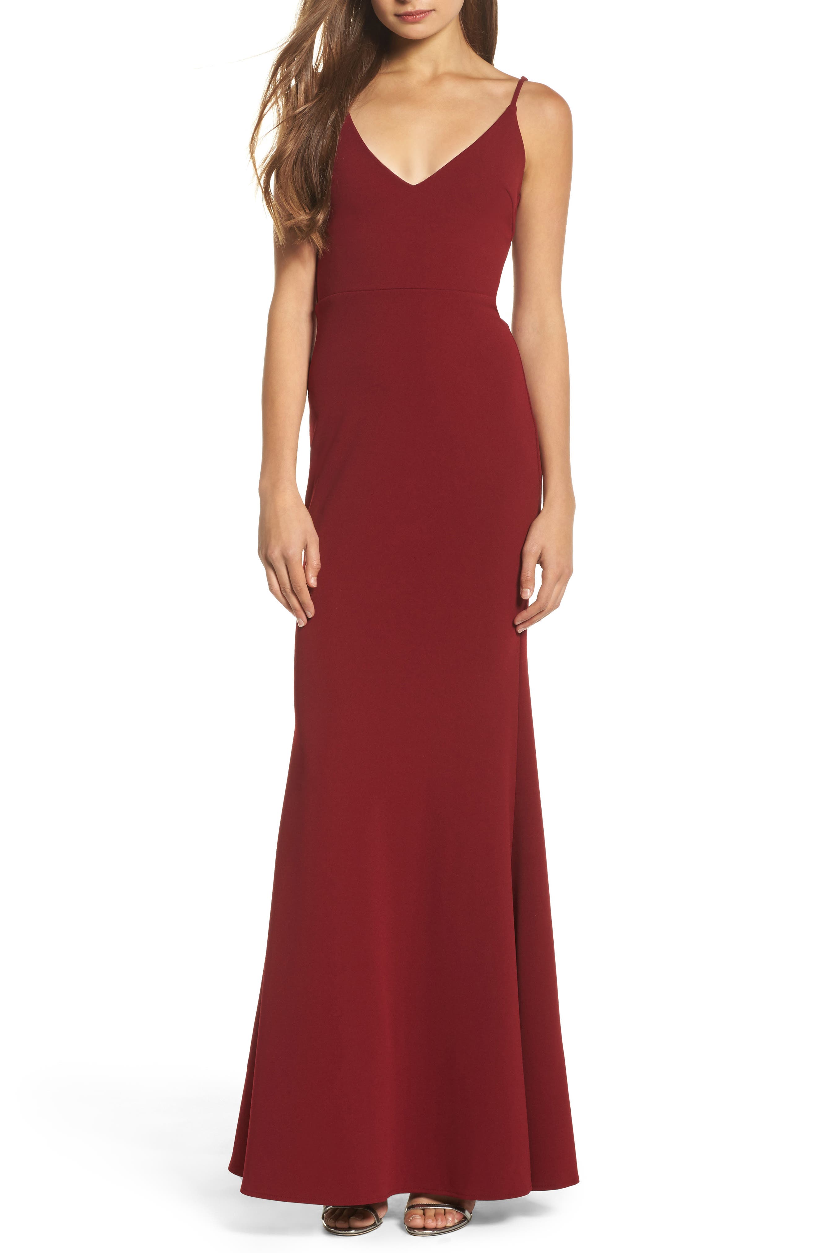 Lulus V-Neck Trumpet Gown, Burgundy