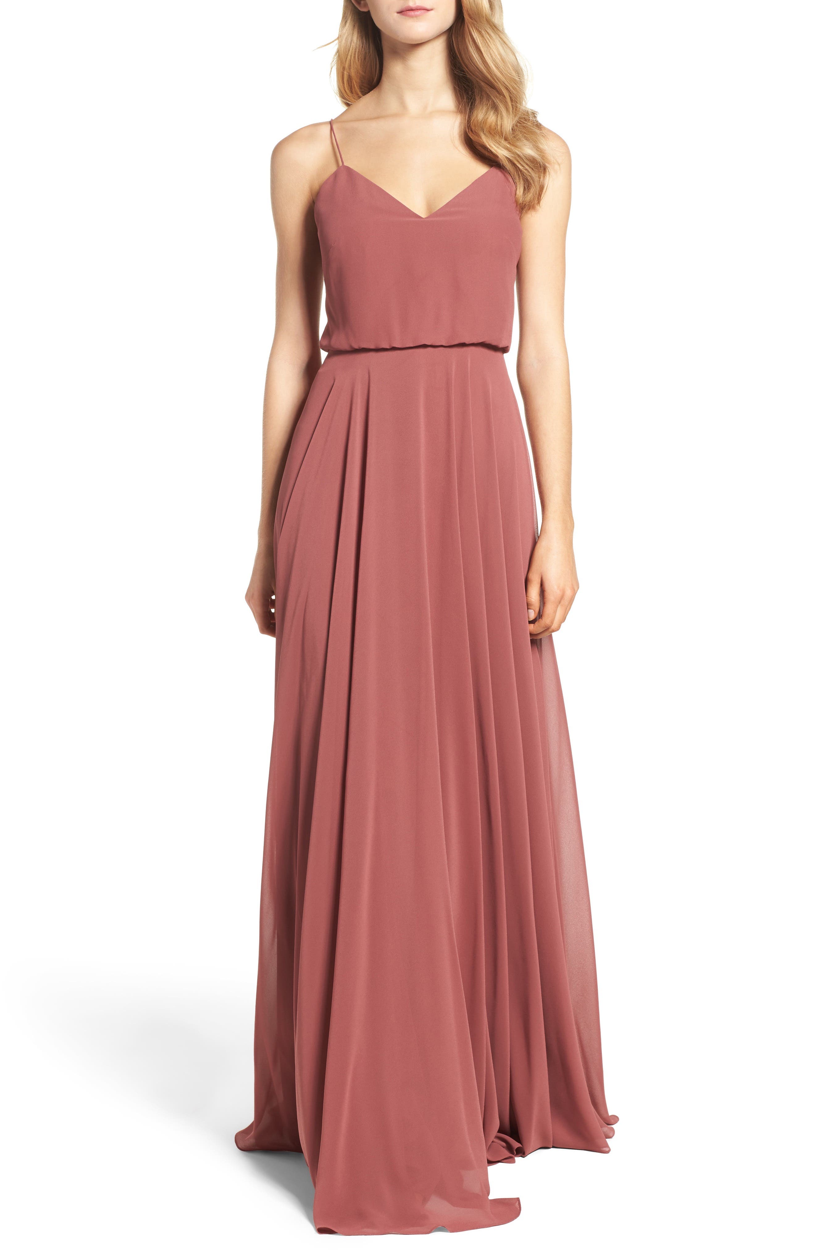 Jenny Yoo Inesse Chiffon V-Neck Spaghetti Strap Gown, Pink