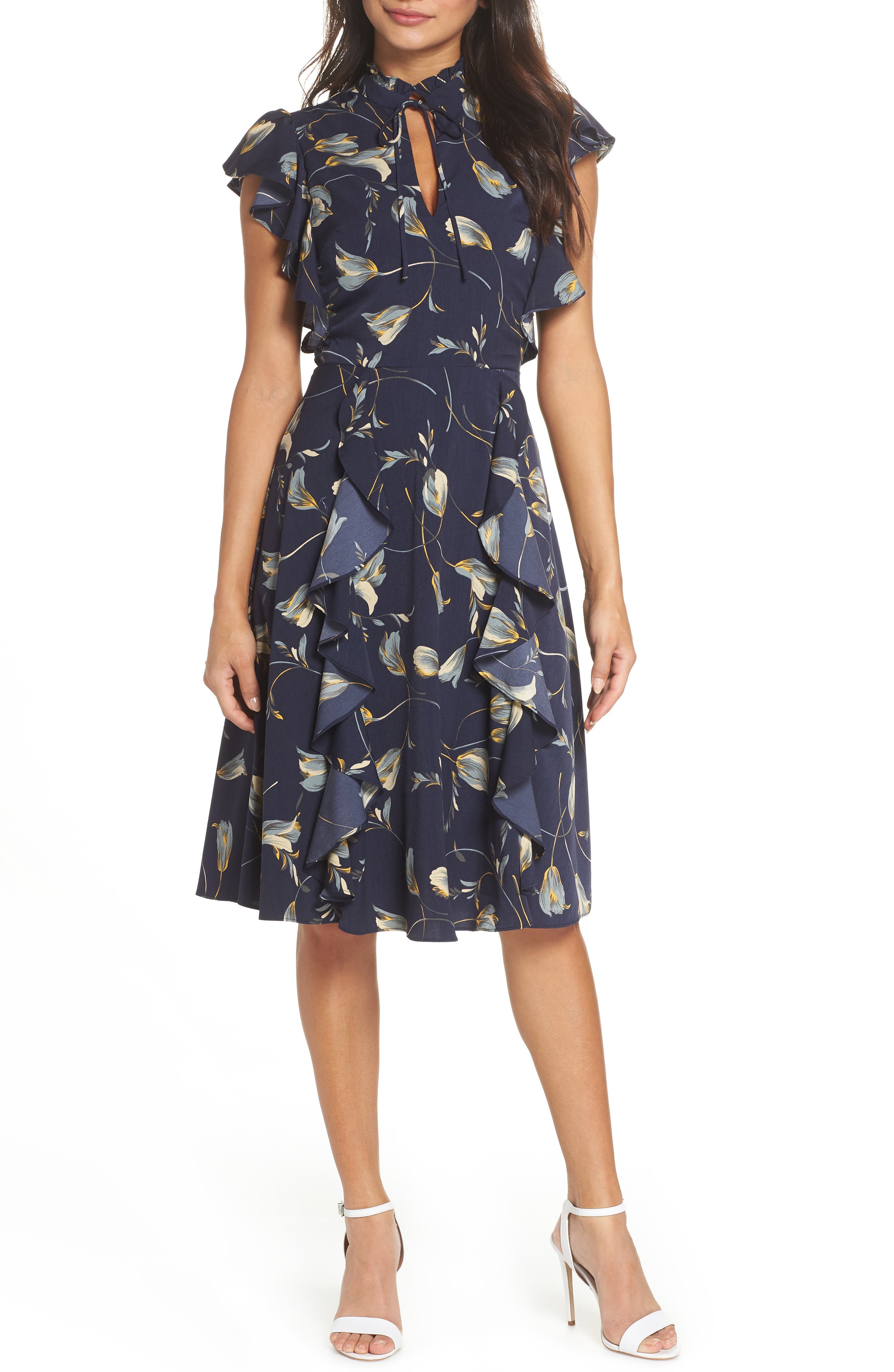 Chelsea28 Ruffle Front Print A-Line Dress, Blue