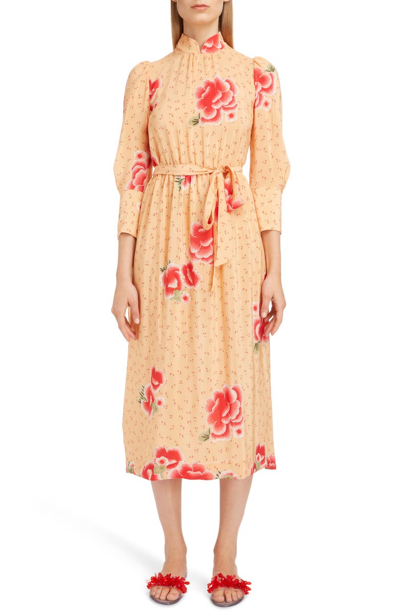 Floral Mandarin Collar Silk Dress