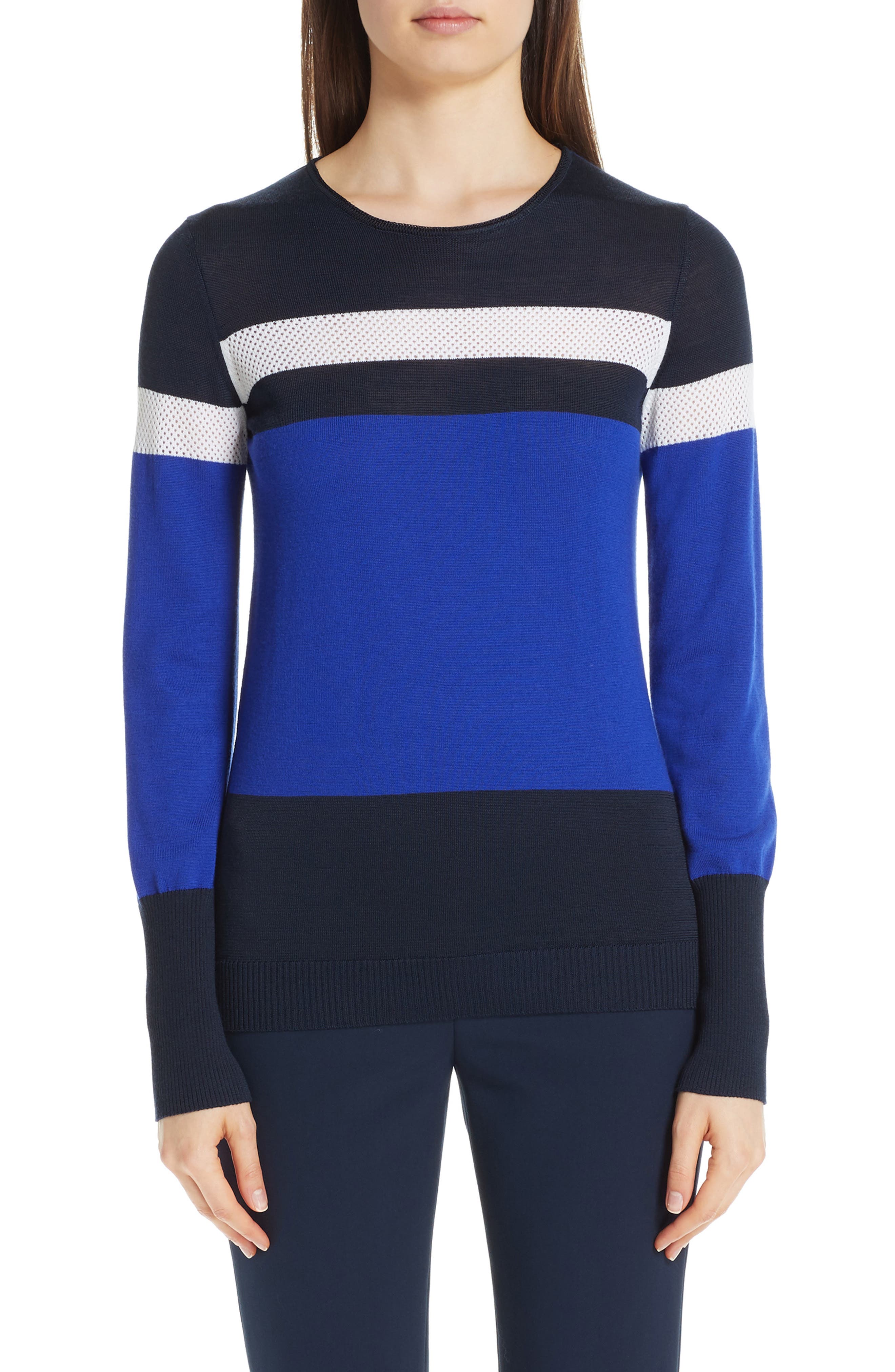 St. John Collection Mesh Panel Colorblock Jacquard Top, Size Petite - Blue