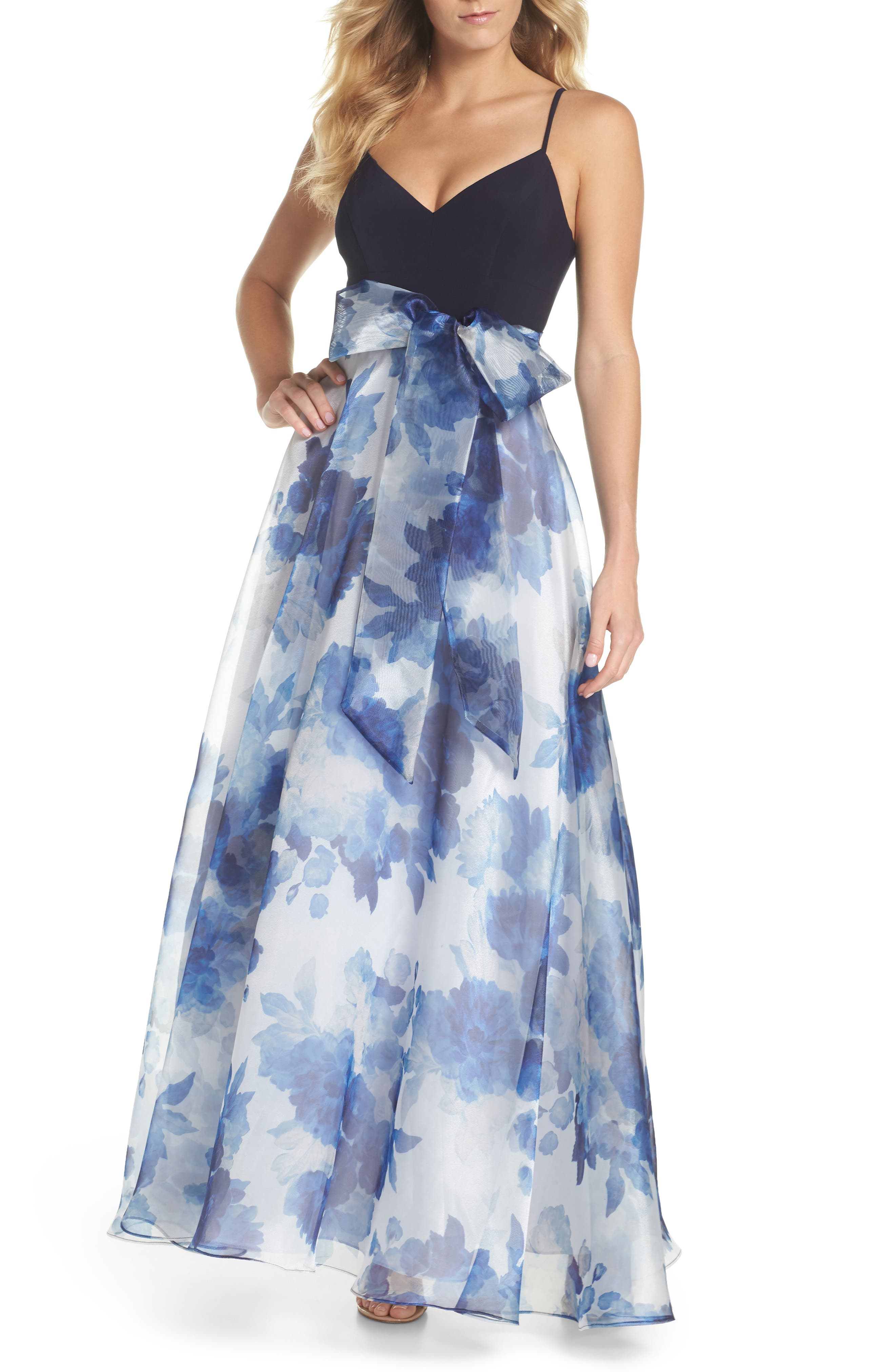 Eliza J Floral Organza Gown, Blue