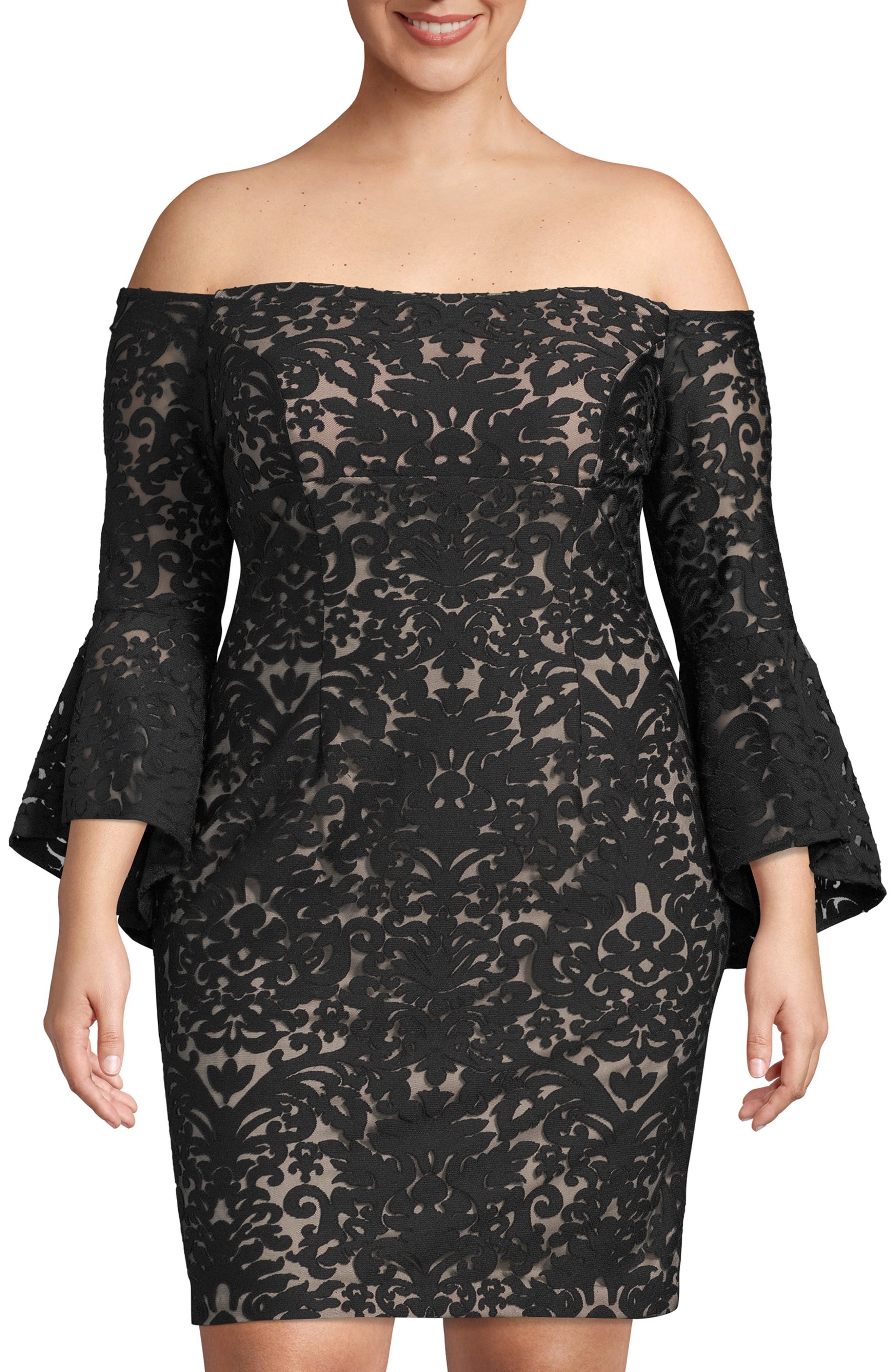 Plus Size Xscape Bell Sleeve Off The Shoulder Burnout Lace Dress, Black