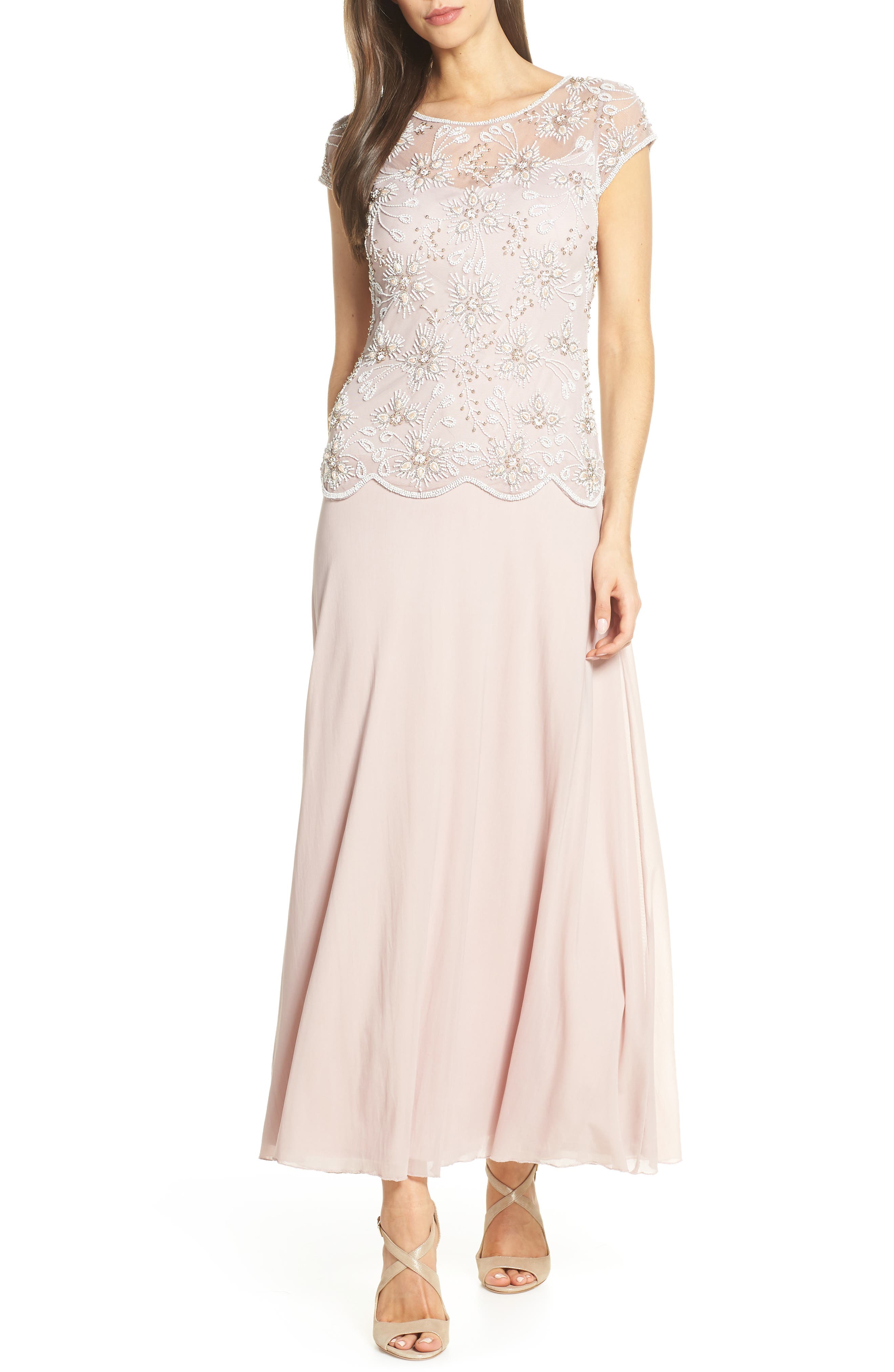 Pisarro Nights Beaded Mesh Gown, Pink