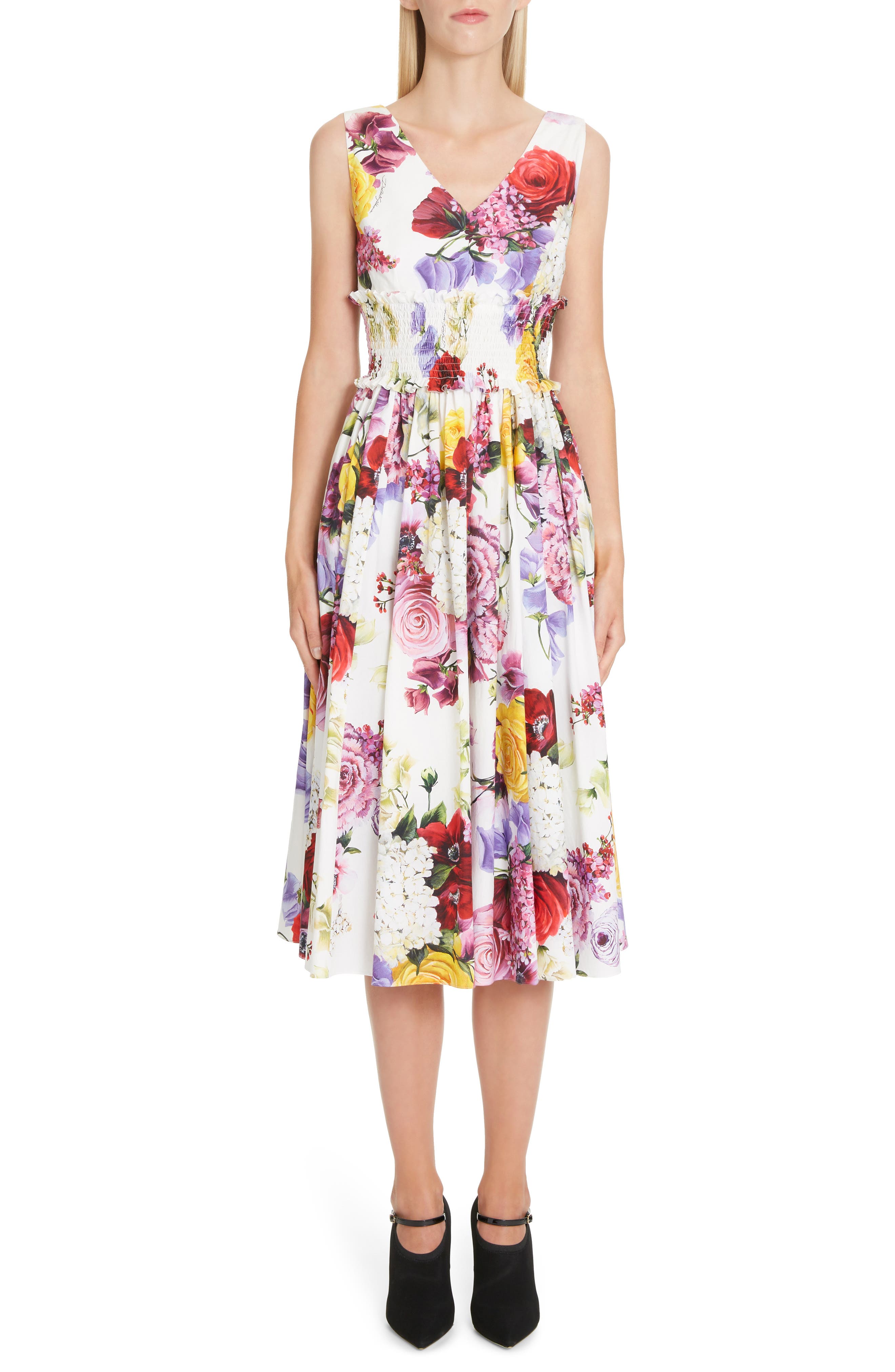 Dolce & gabbana Floral Print Smock Waist Poplin Dress, 50 IT - White