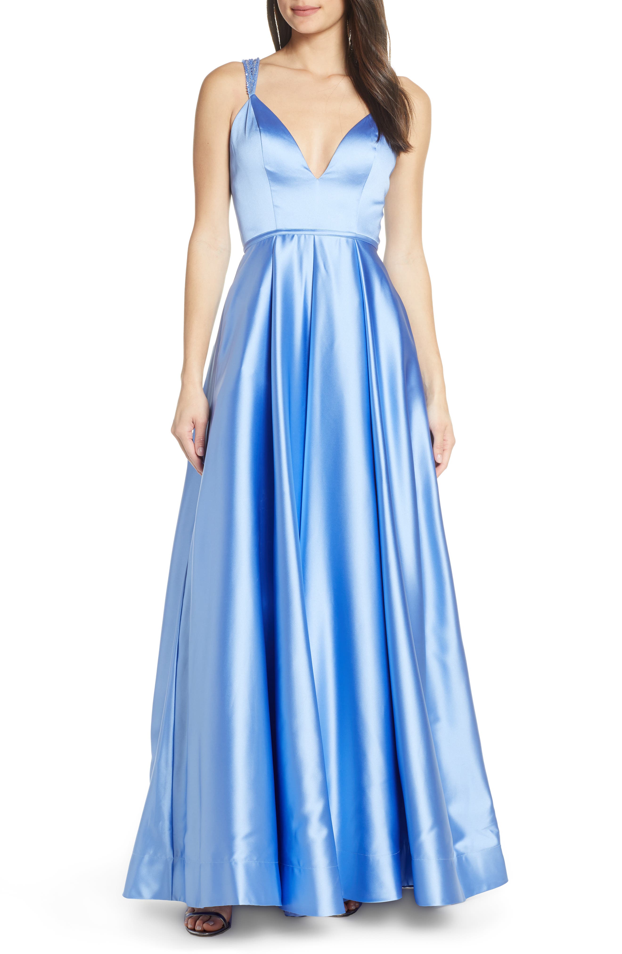MAC Duggal Beaded Strap Satin Evening Dress, Blue