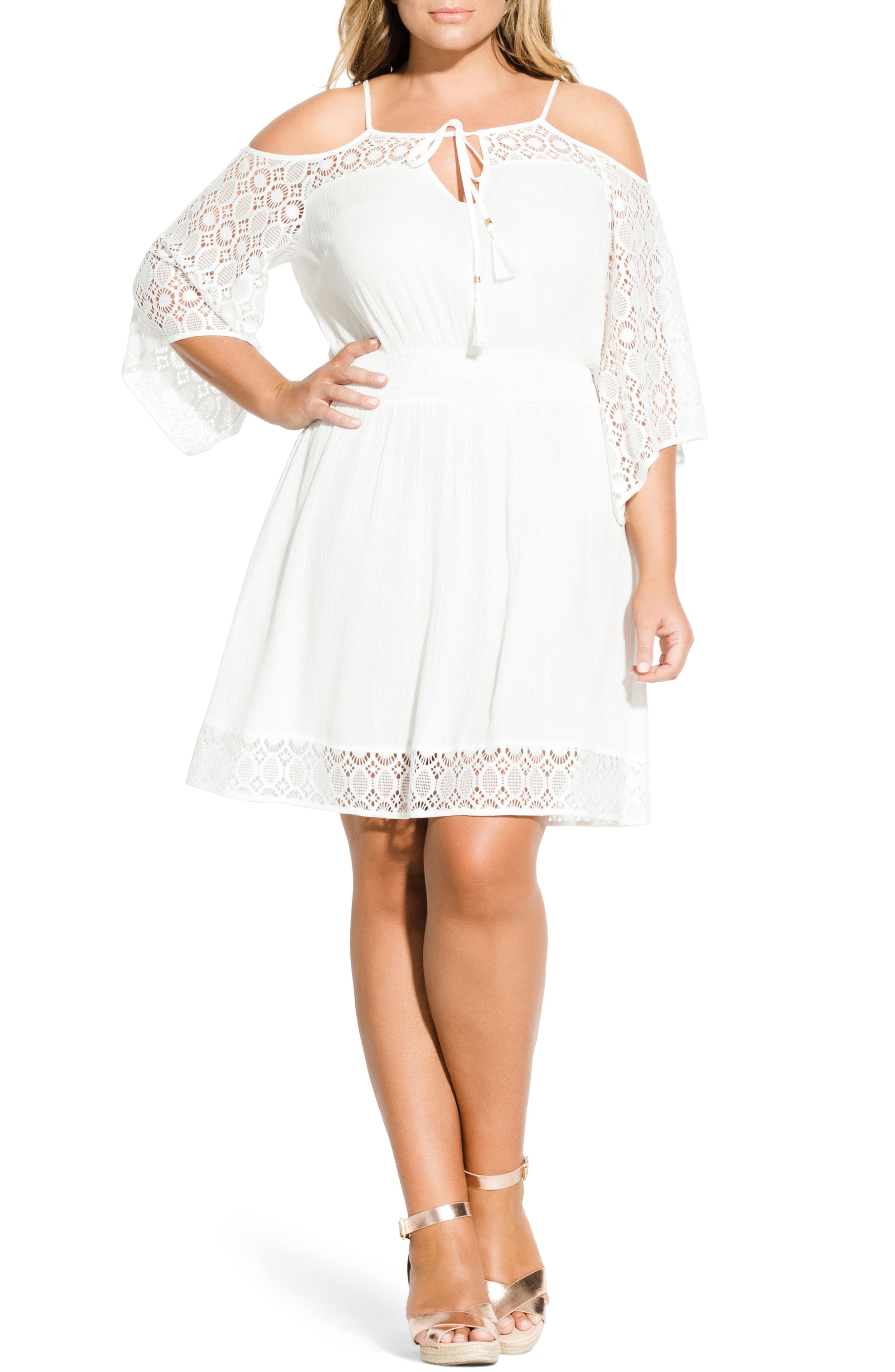 Plus Size City Chic Crochet Cold Shoulder Dress, Ivory
