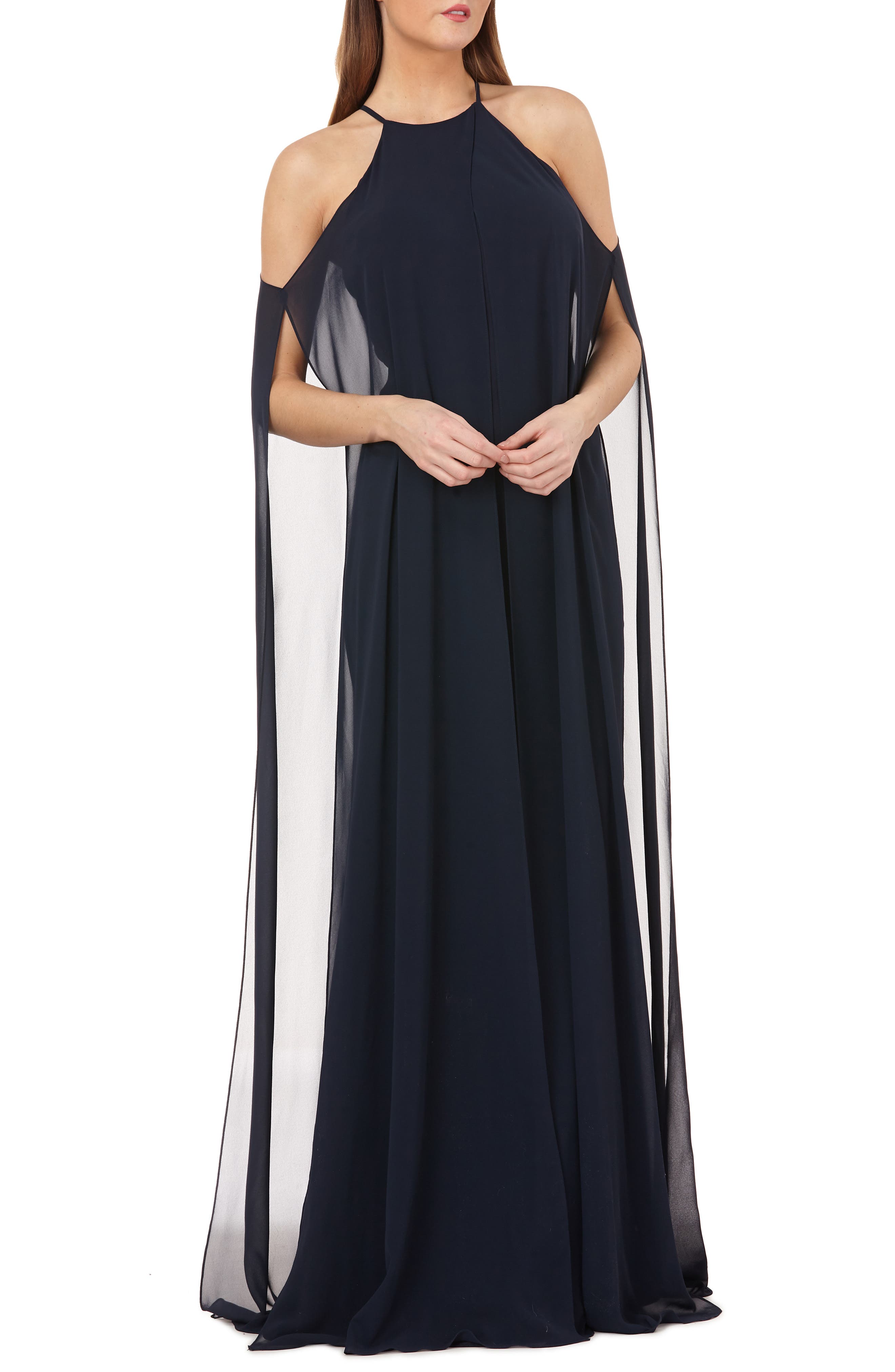Carmen Marc Valvo Infusion Split Chiffon Halter Gown, Blue