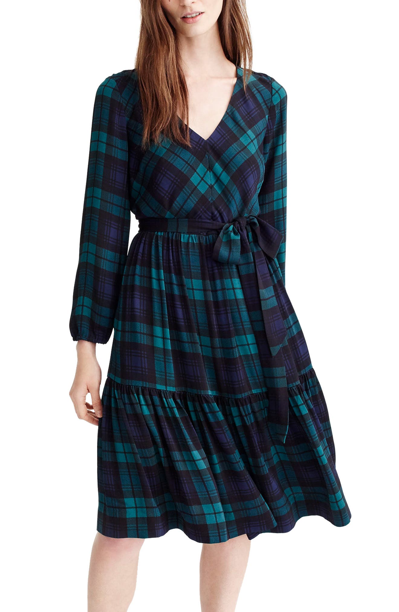 J.Crew Drapey Dress in Black Watch Plaid (Regular & Petite) Nordstrom