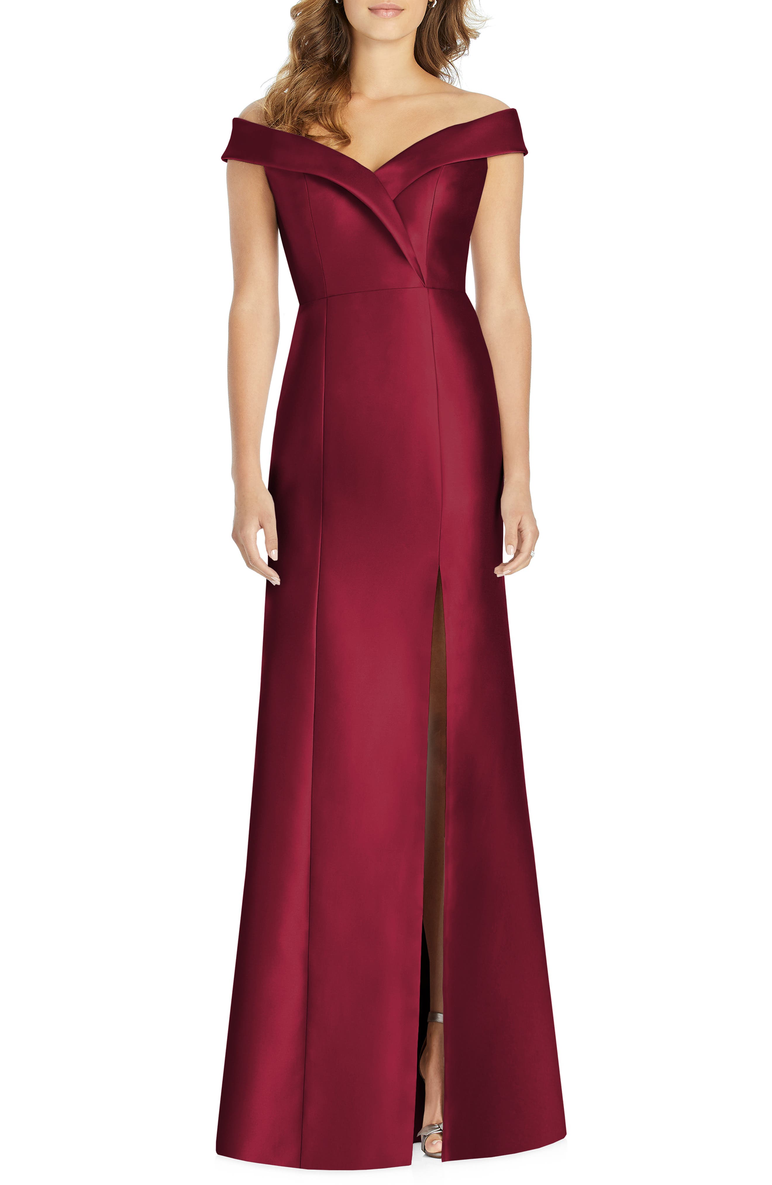 Alfred Sung Portrait Collar Satin Gown, Burgundy