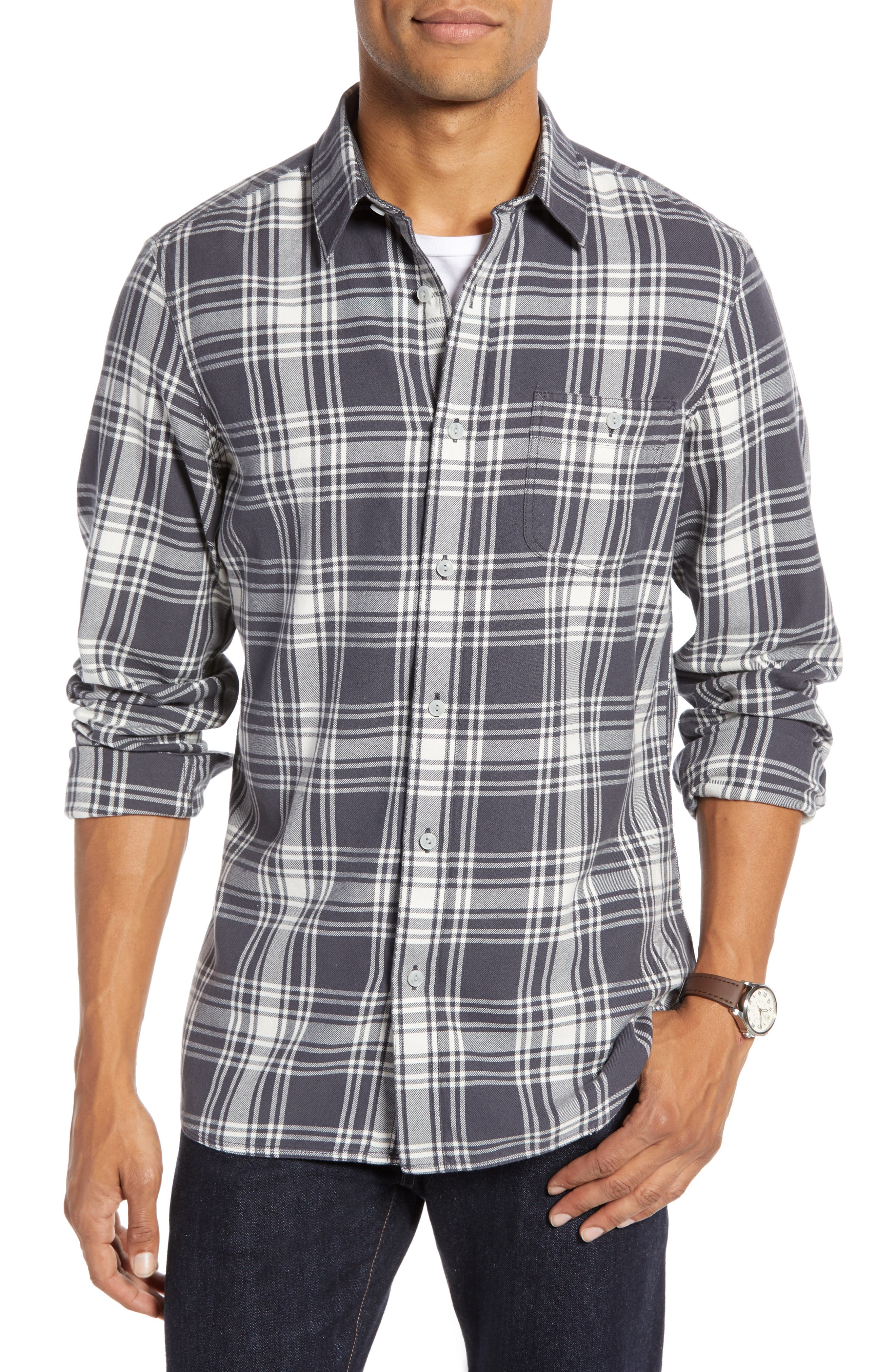 1901 Plaid Utility Long Sleeve Trim Fit Sport Shirt, Grey