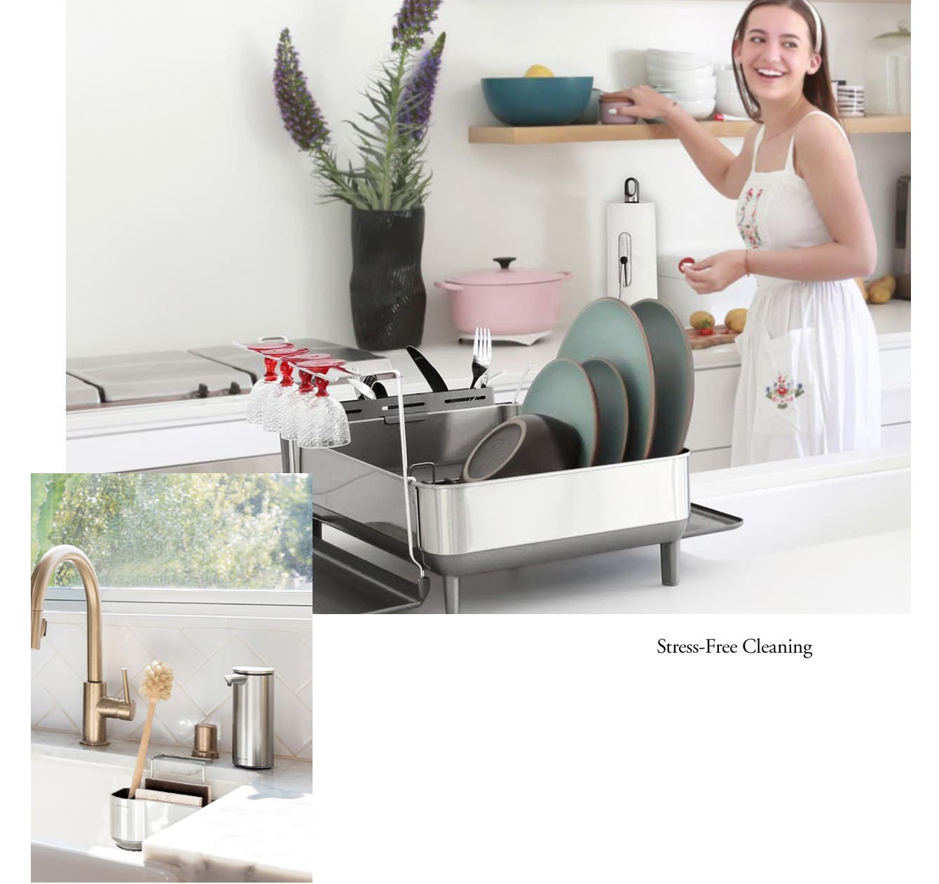 Stress-free cleaning. Woman organizing a kitchen counter with a modern dish rack; inset of a kitchen sink with cleaning tools.