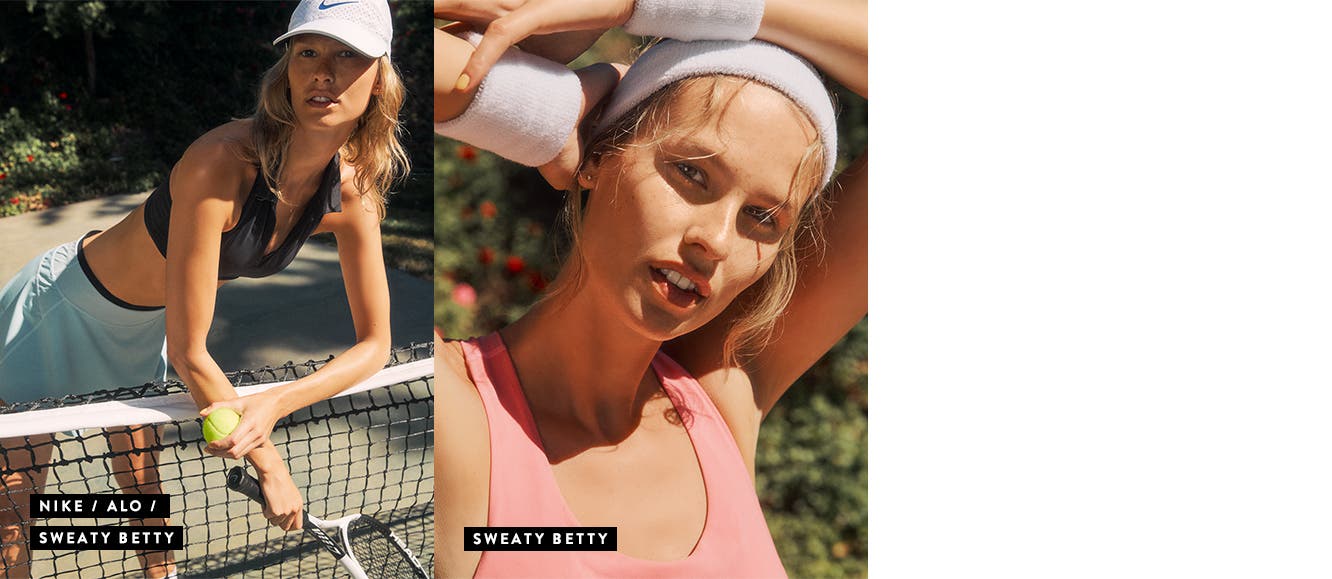 Women wearing tennis clothing from Alo and Sweaty Betty.