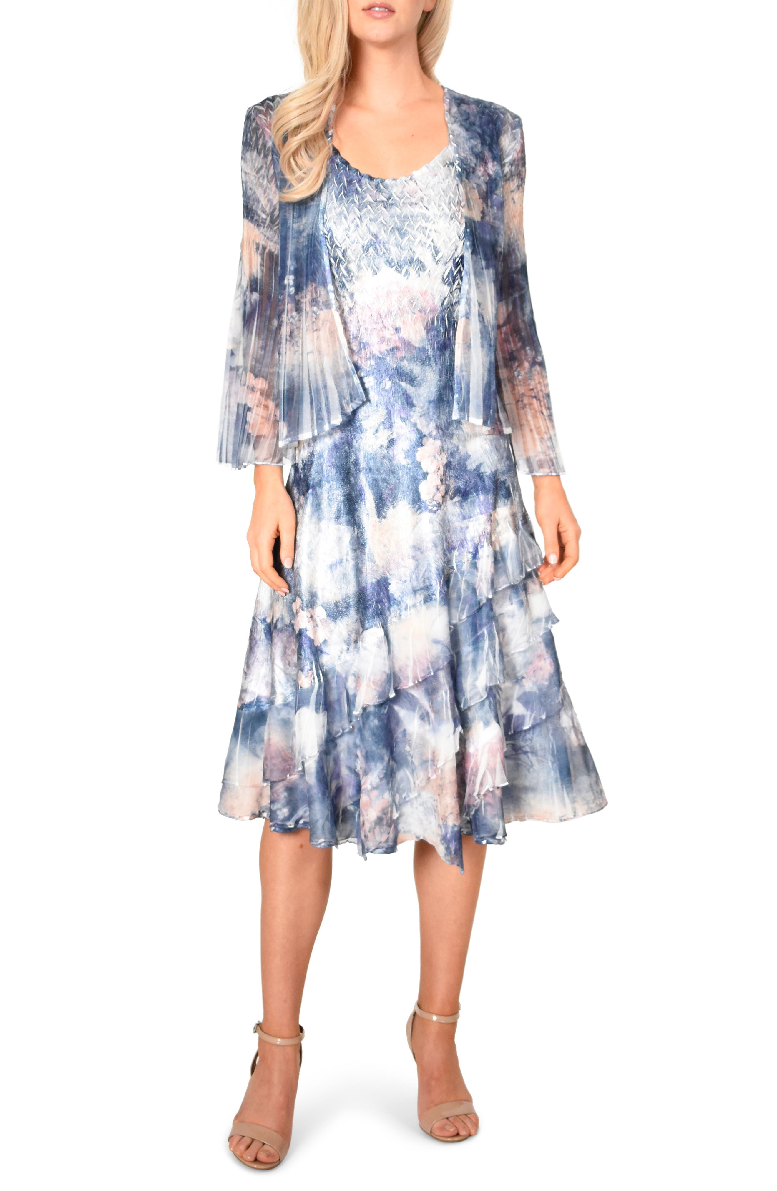 Petite Komarov Floral Print A-Line Dress With Jacket, Blue