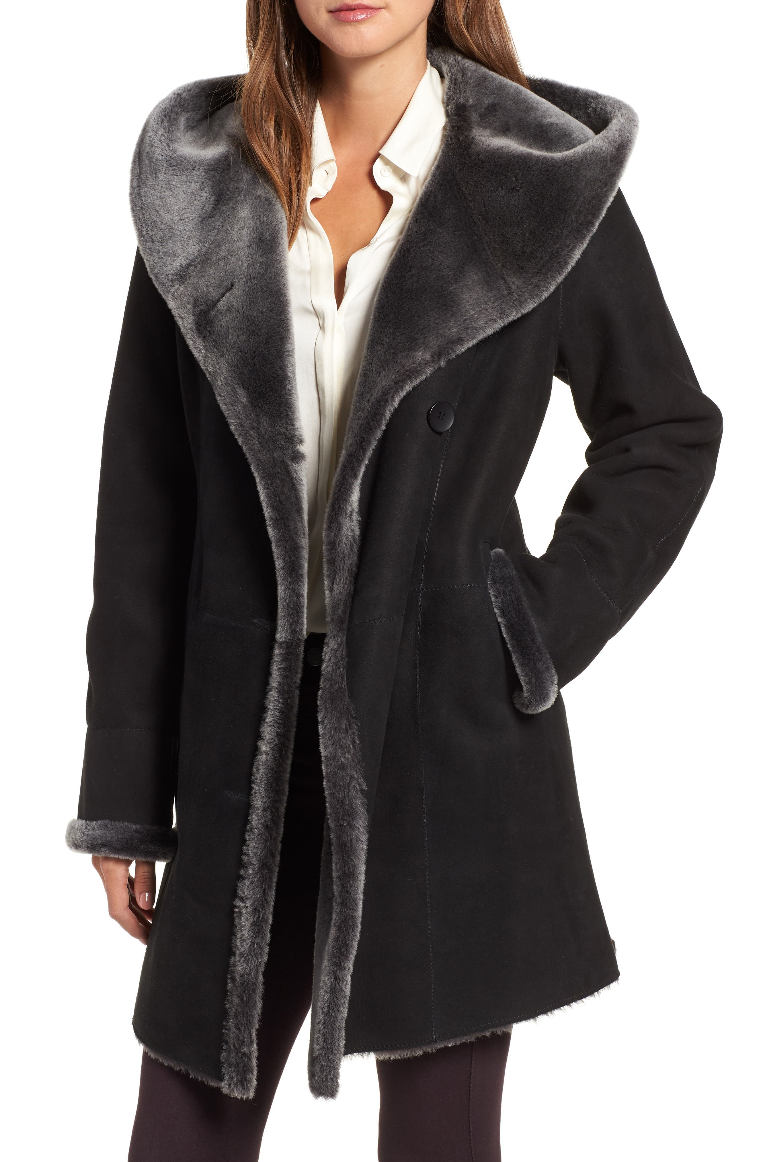 Hiso Hooded Merino Shearling Coat, Black