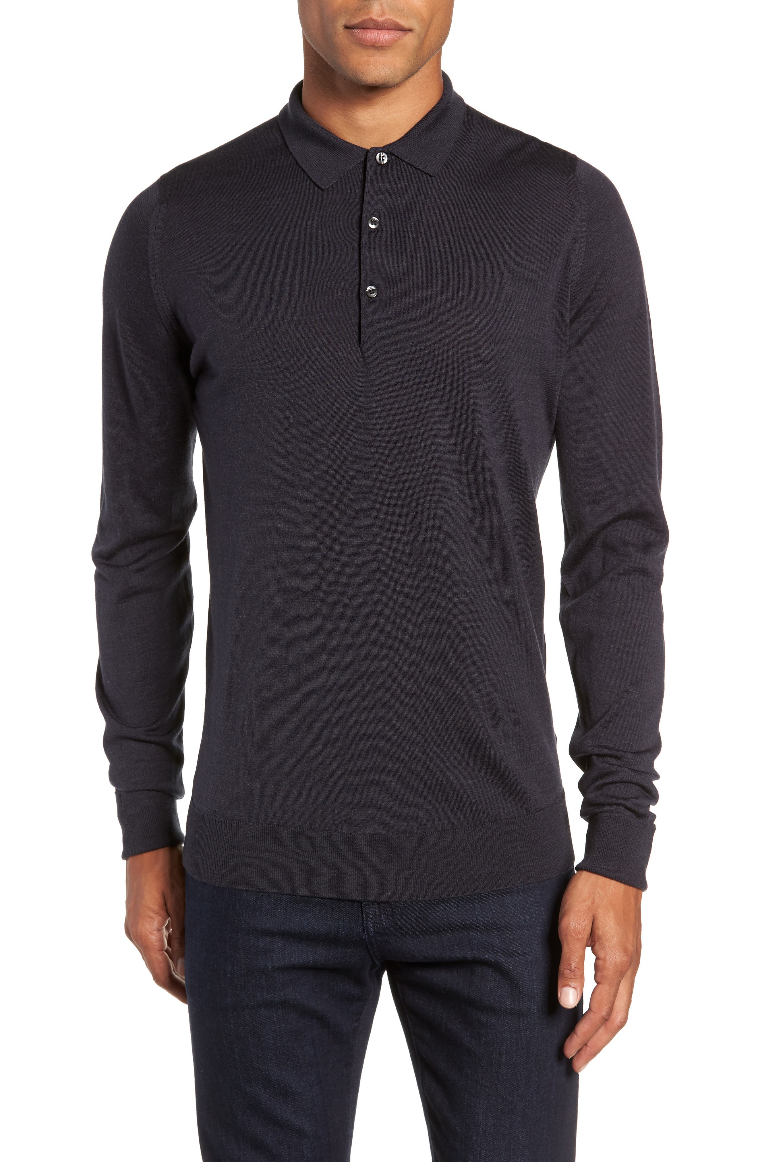 John Smedley Slim Fit Long Sleeve Merino Polo, Grey