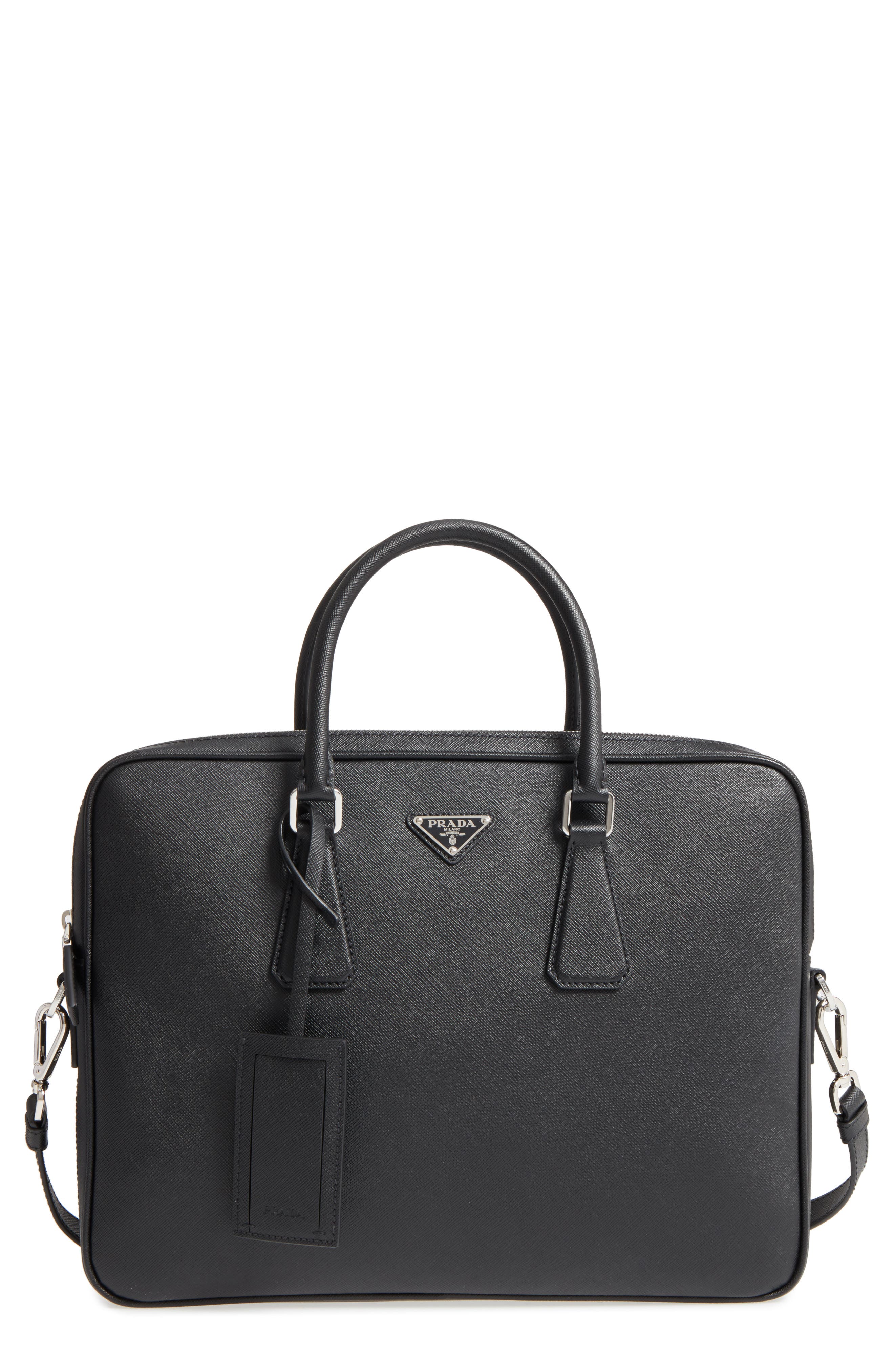 Saffiano Leather Briefcase, Main, color, BLACK