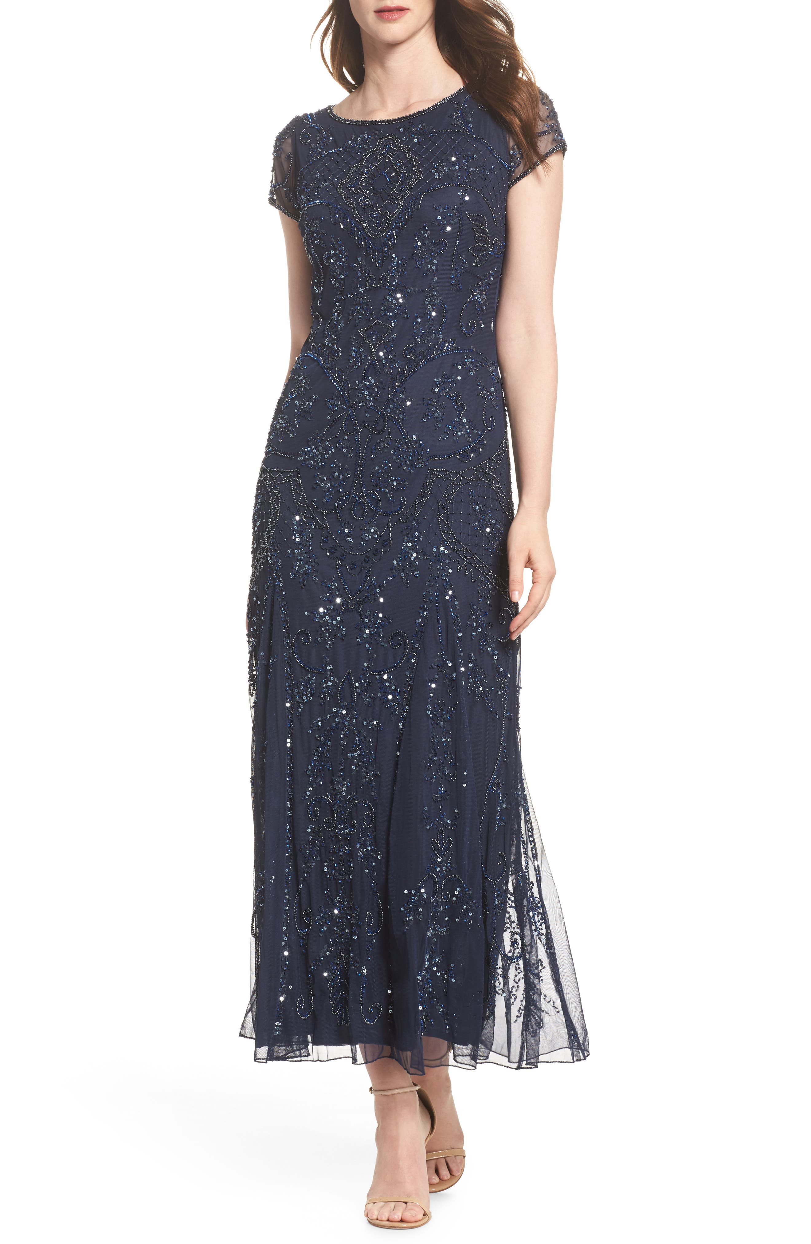 Pisarro Nights Embellished Mesh Gown, Blue