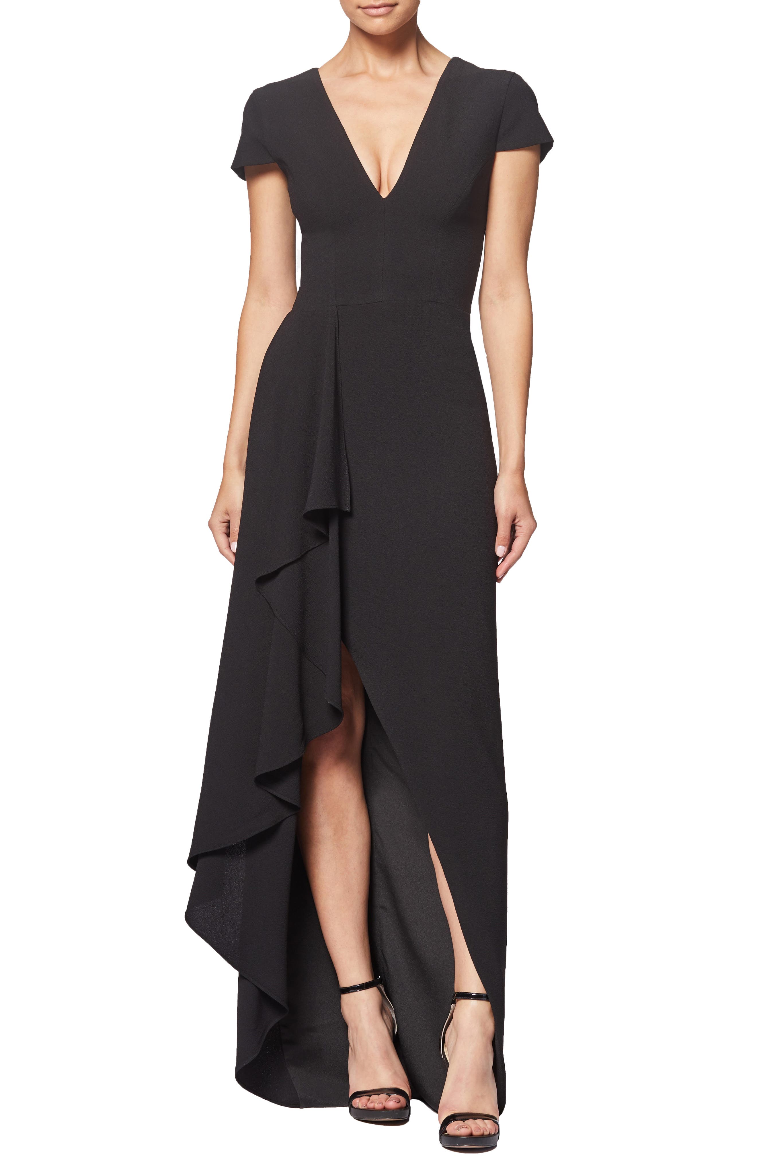 Dress The Population Alma Cap Sleeve Waterfall Crepe Gown, Black