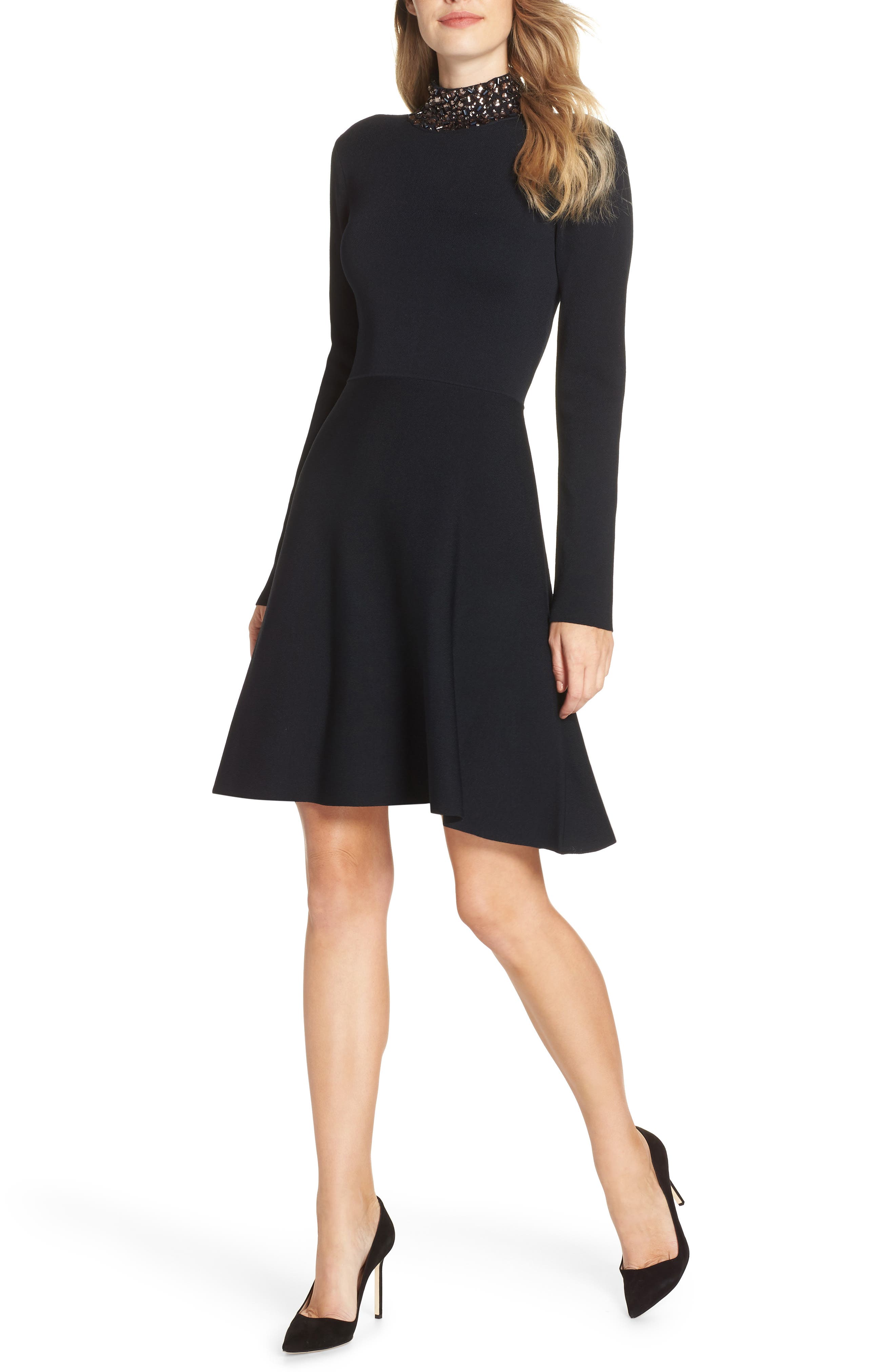 Eliza J Jeweled Mock Neck Fit & Flare Sweater Dress