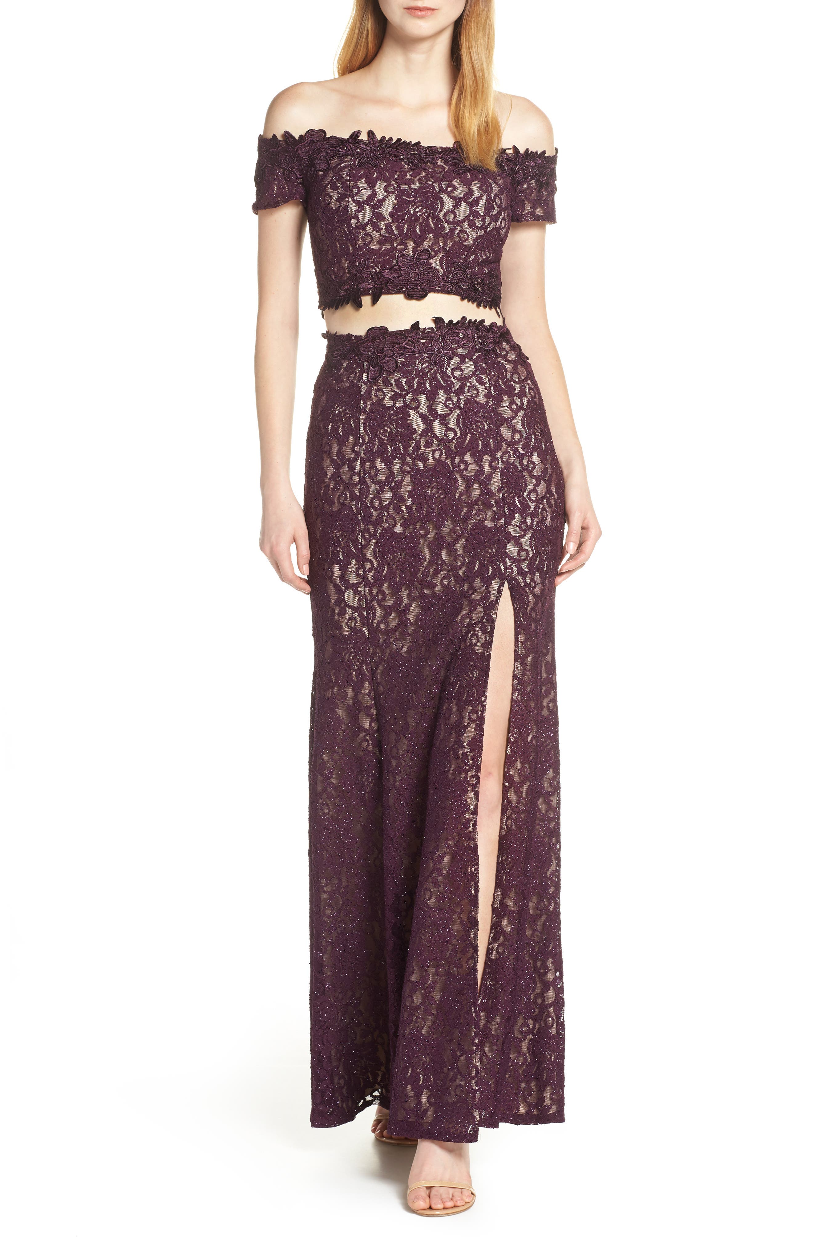 Sequin Hearts Two-Piece Off The Shoulder Lace Evening Dress, Purple