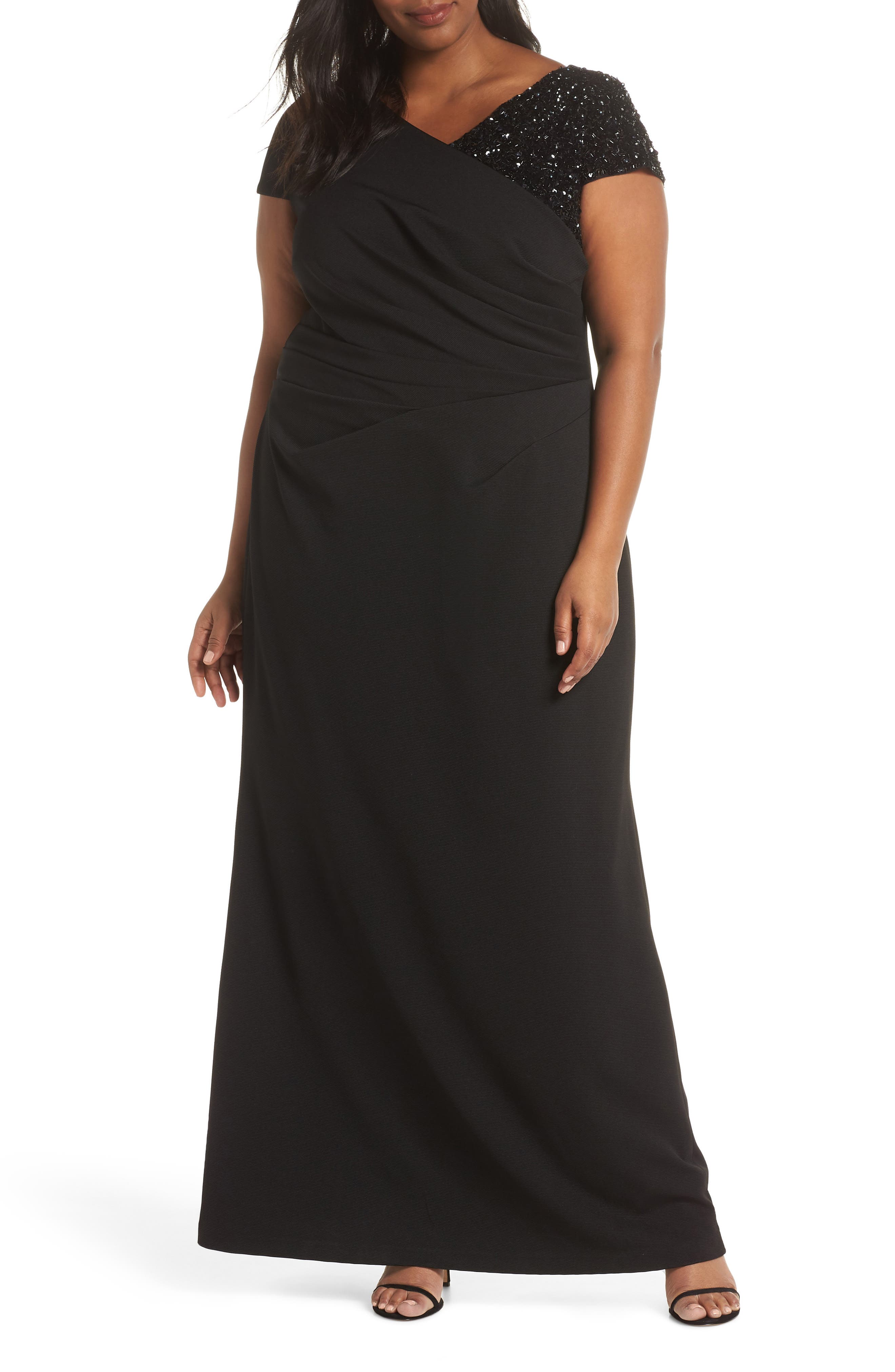 Plus Size Adrianna Papell Beaded Shoulder Ruched Gown