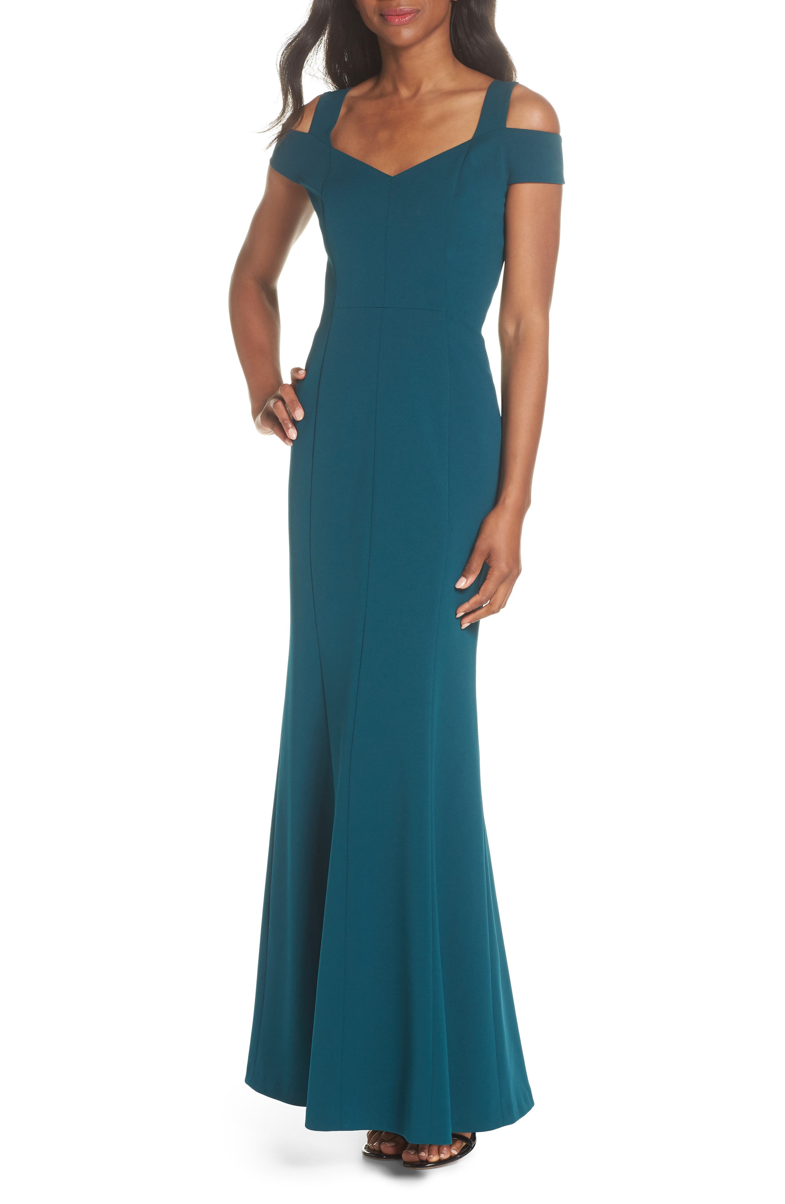 Eliza J Cold Shoulder Scuba Crepe Trumpet Gown, Green