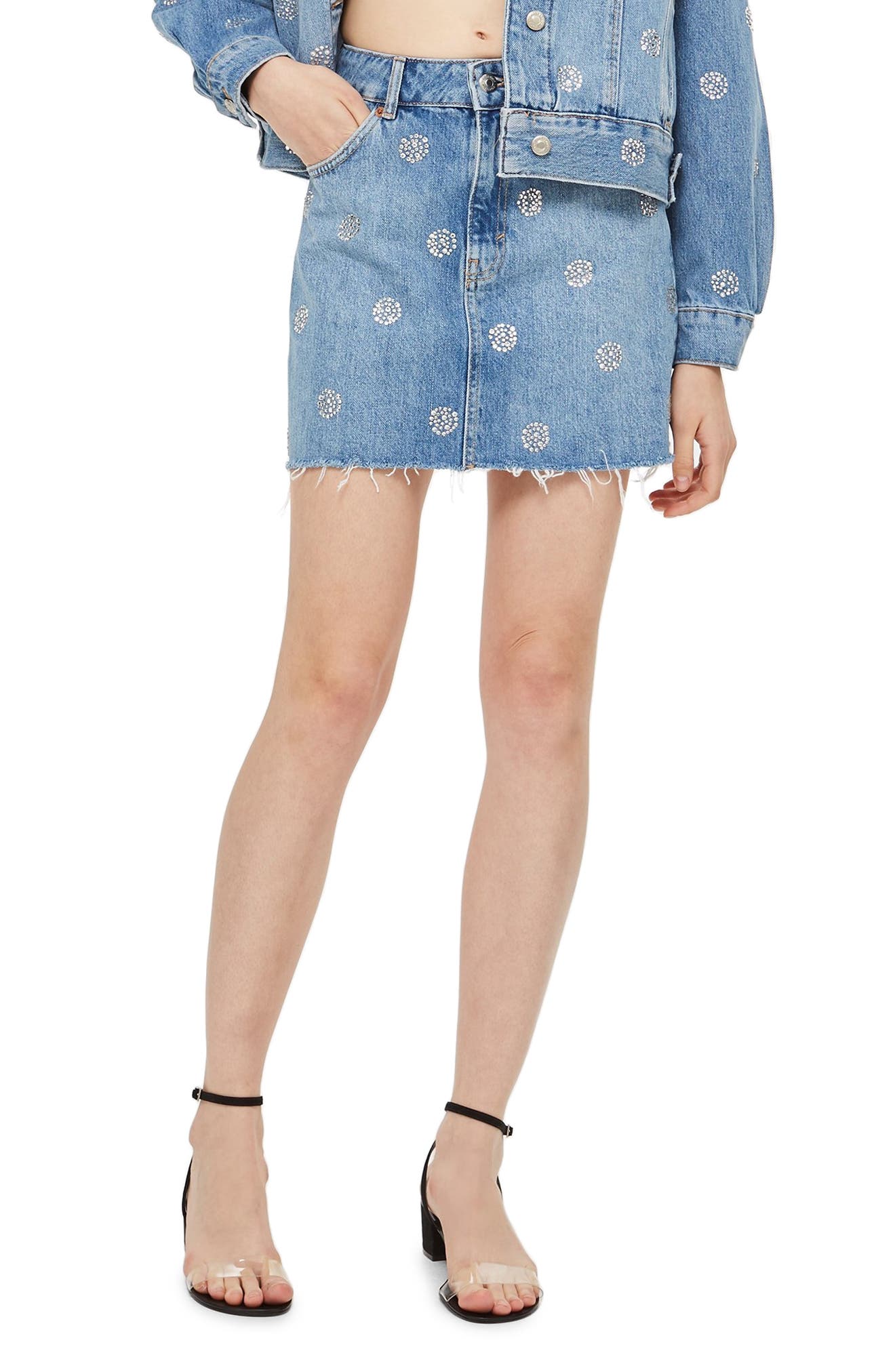 Topshop Diamante Polka Dot Nonstretch Denim Skirt, US (fits like 0) - Blue