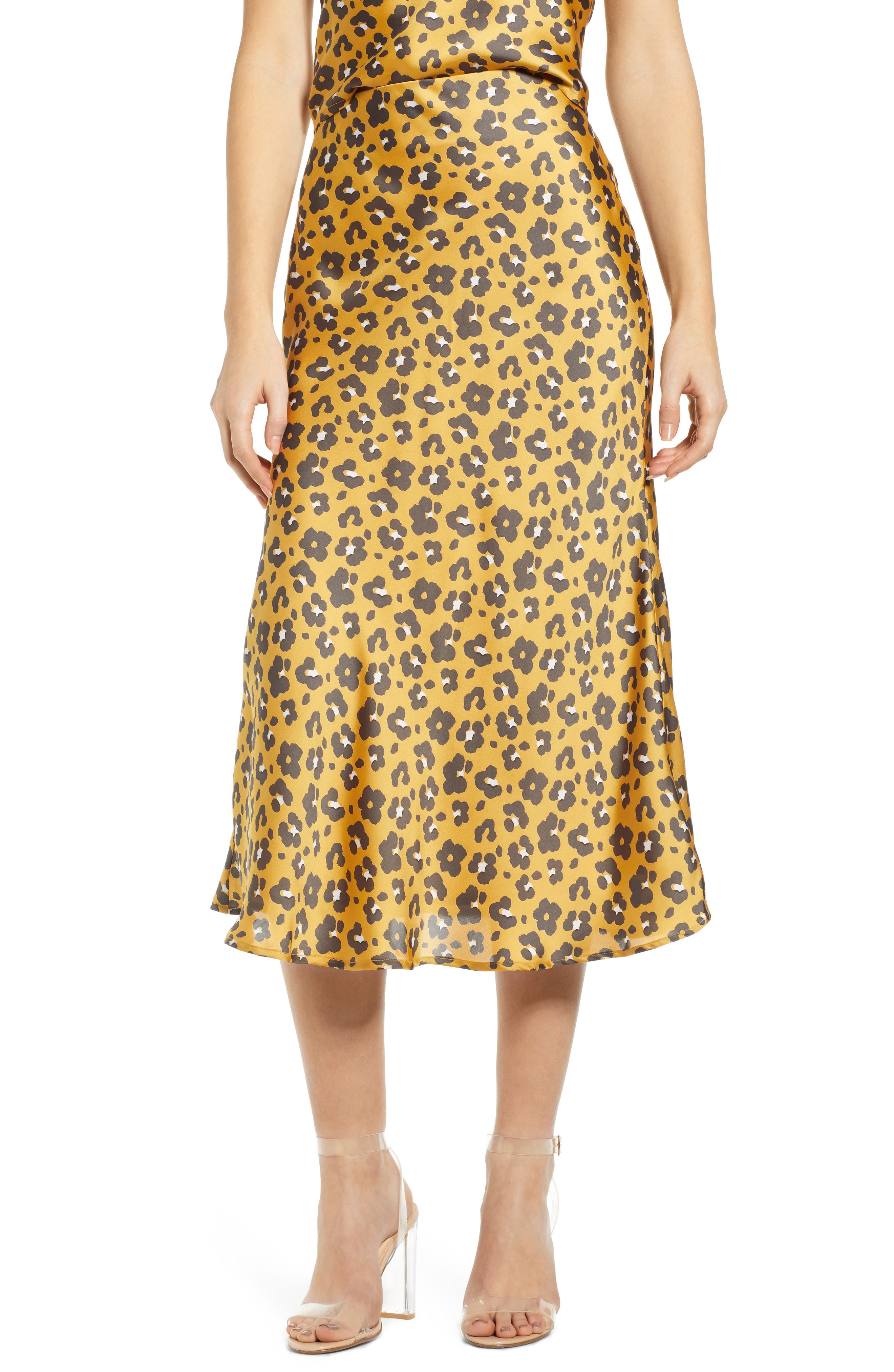 4Si3Nna Leopard Print Satin Midi Skirt, Yellow