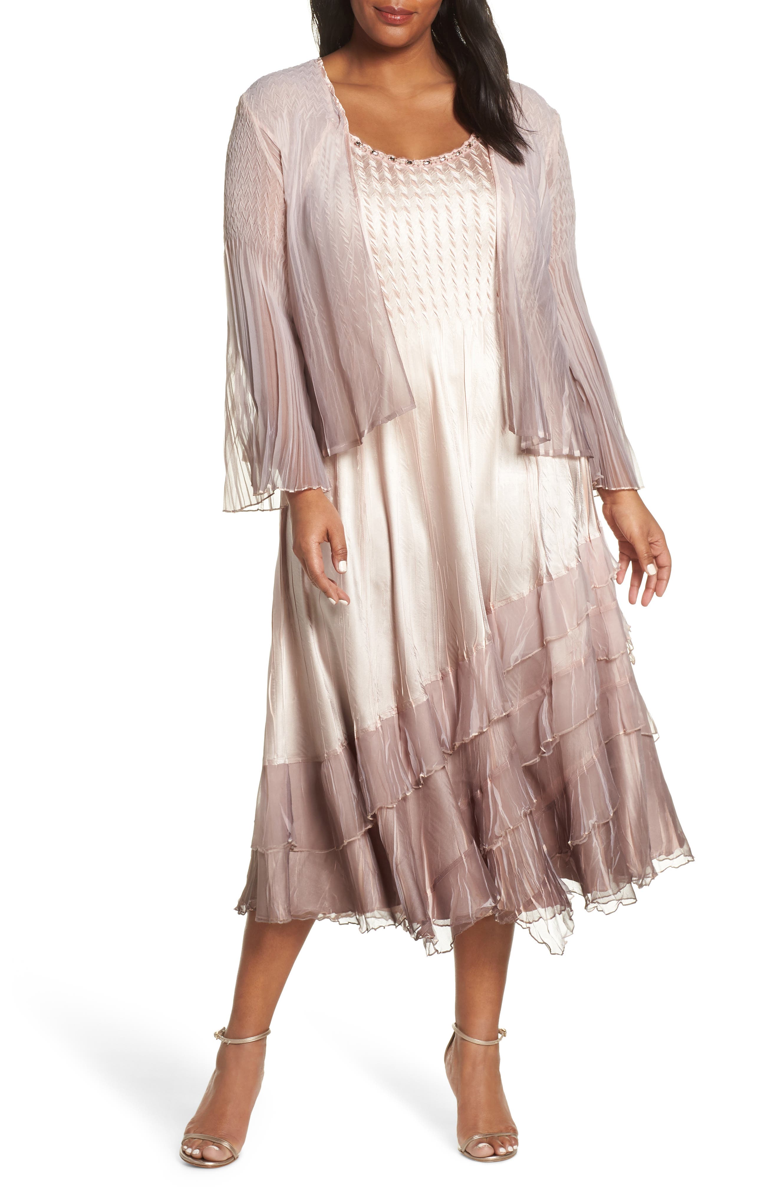 Plus Size Komarov Tiered Hem Ombre Dress With Jacket, Beige