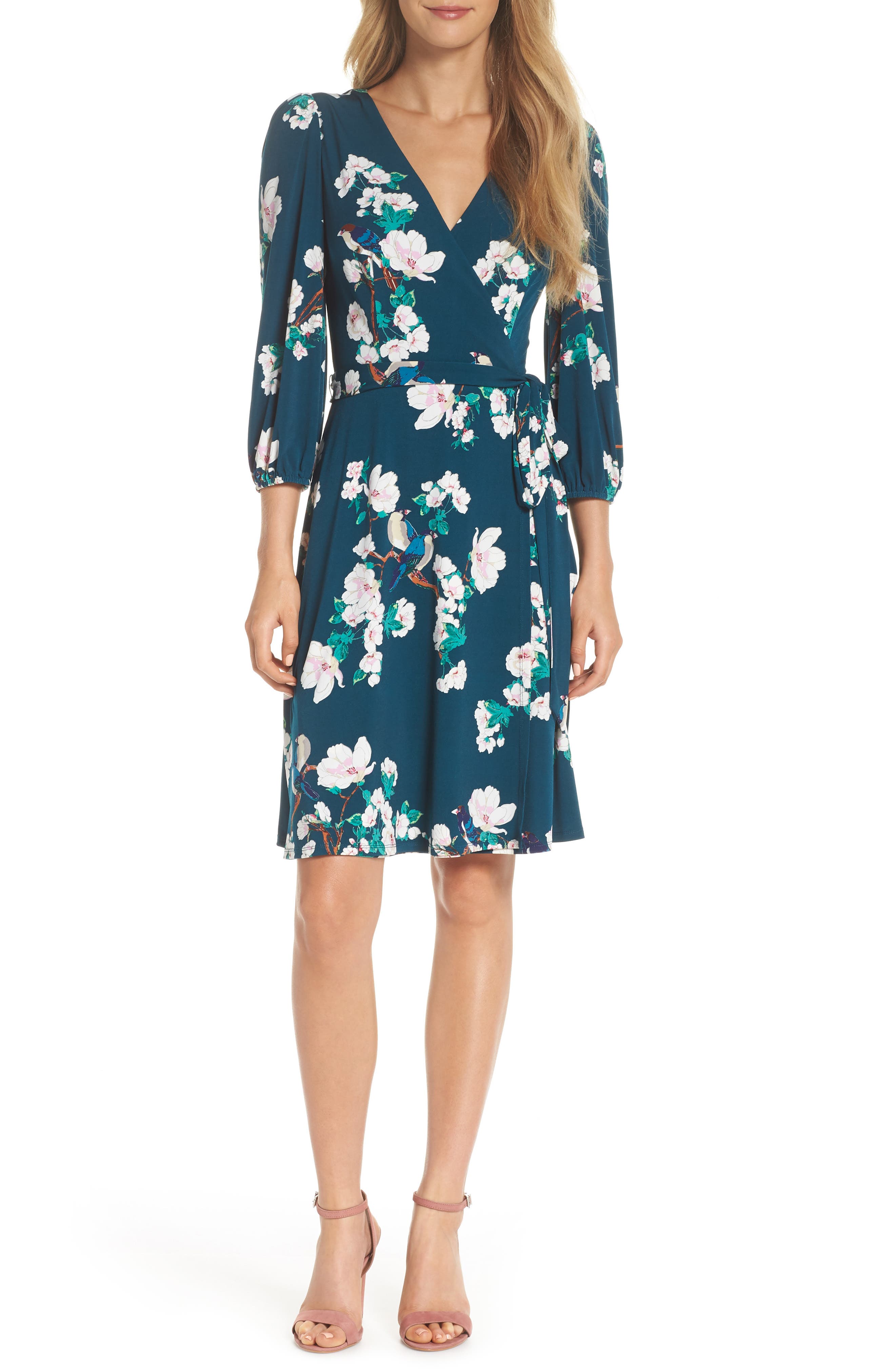 Eliza J Floral Print Faux Wrap Dress, Green