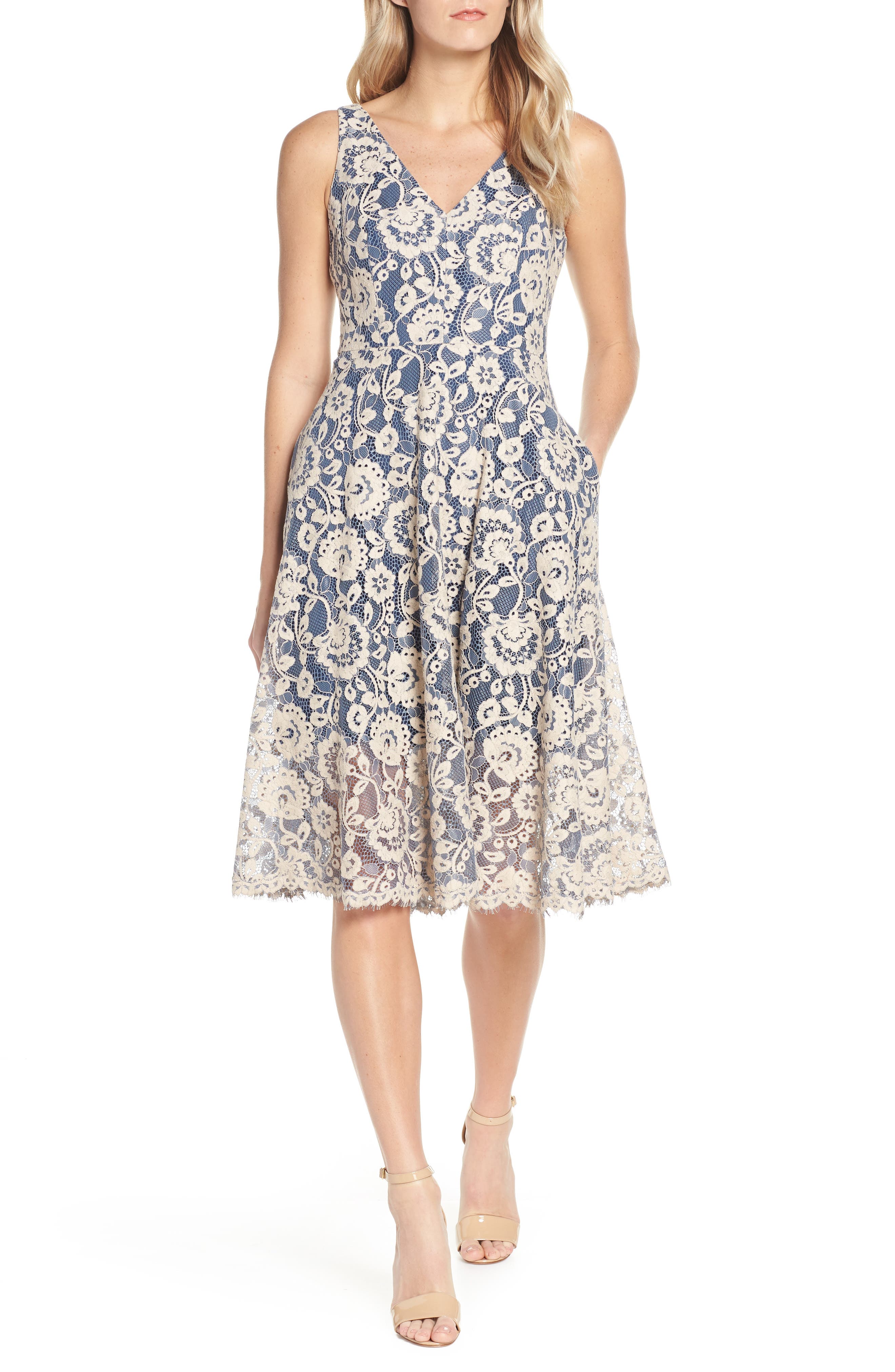 Petite Vince Camuto Lace V-Neck Fit & Flare Dress, Blue