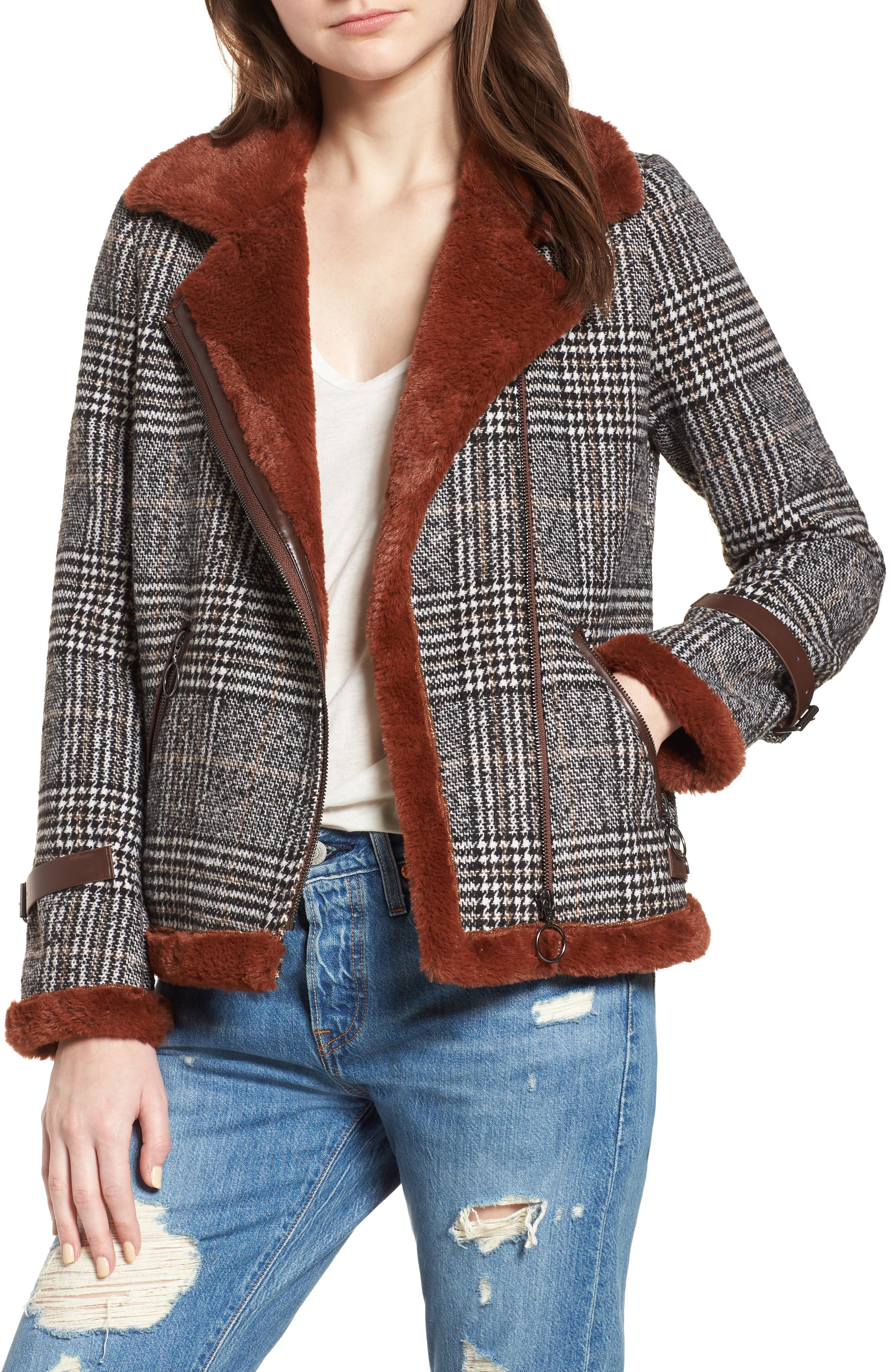Avec Les Filles Faux Fur Lined Plaid Biker Jacket Nordstrom