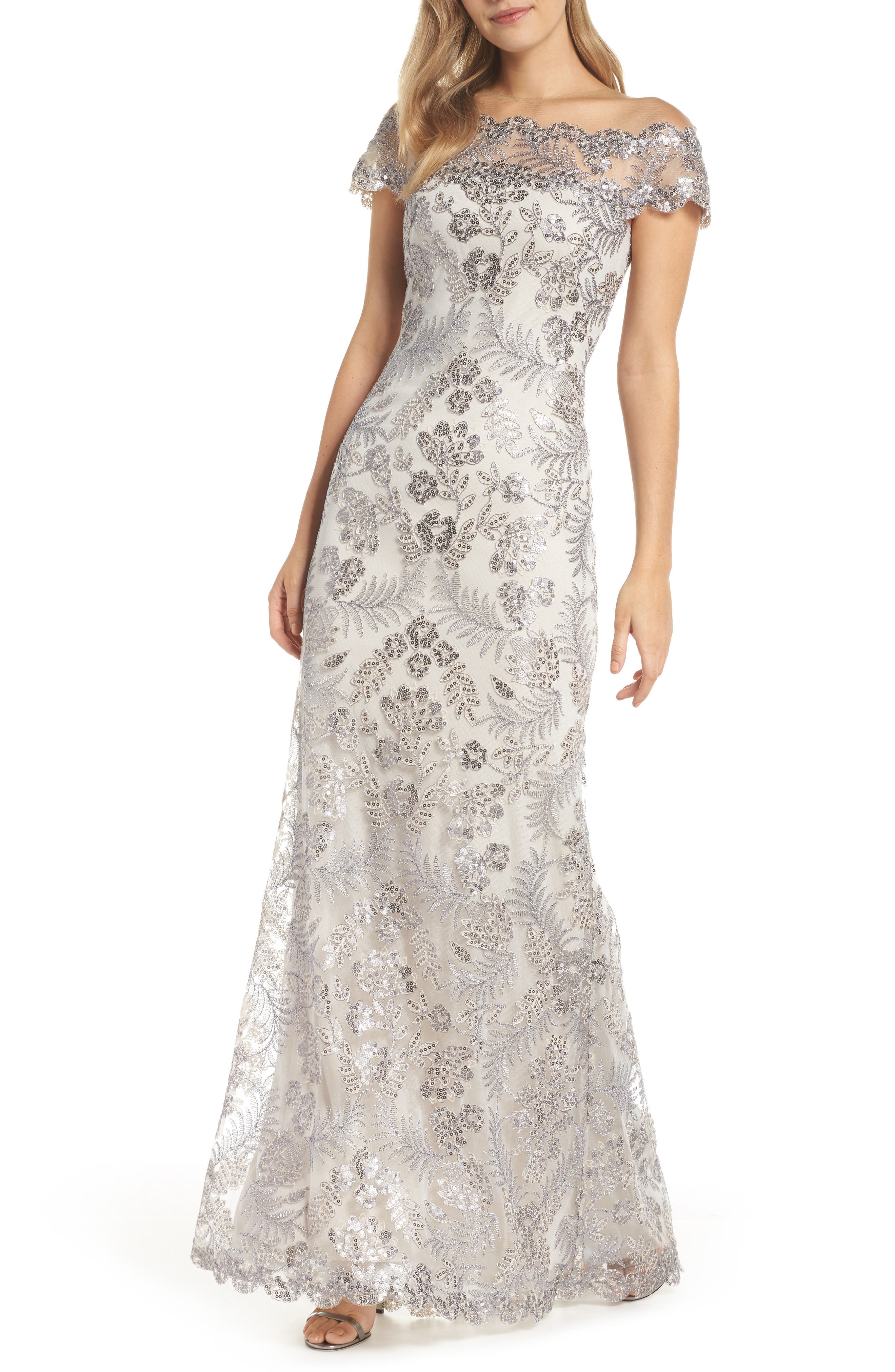 Tadashi Shoji Illusion Neck Sequin Lace Gown, Ivory