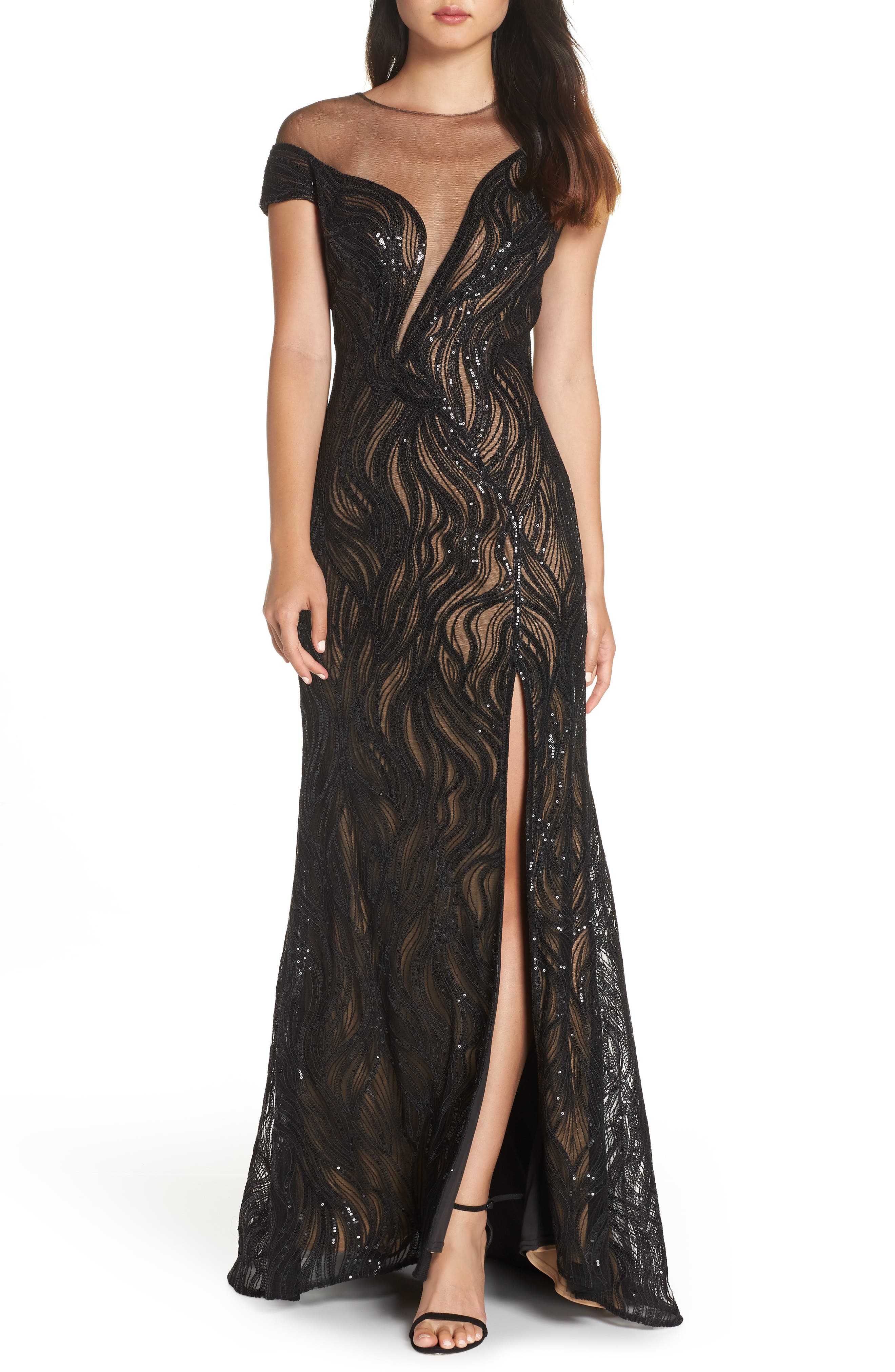 Tadashi Shoji Lucilia Illusion Sequin Gown, Black