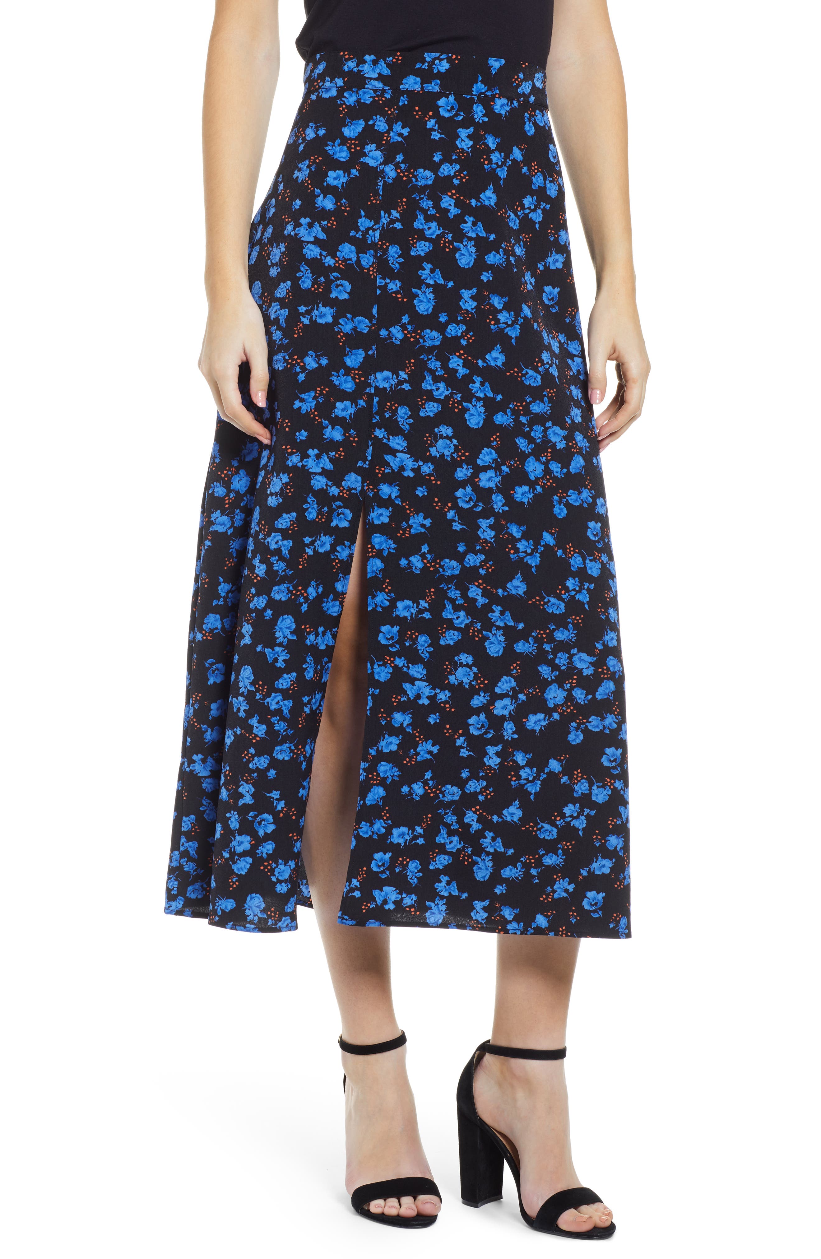 Prima Floral Print Midi Skirt, Blue
