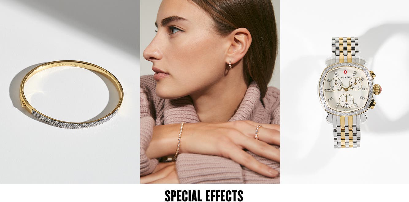 A gold bracelet; a woman wearing a bracelet, ring and earrings; a MICHELE watch.