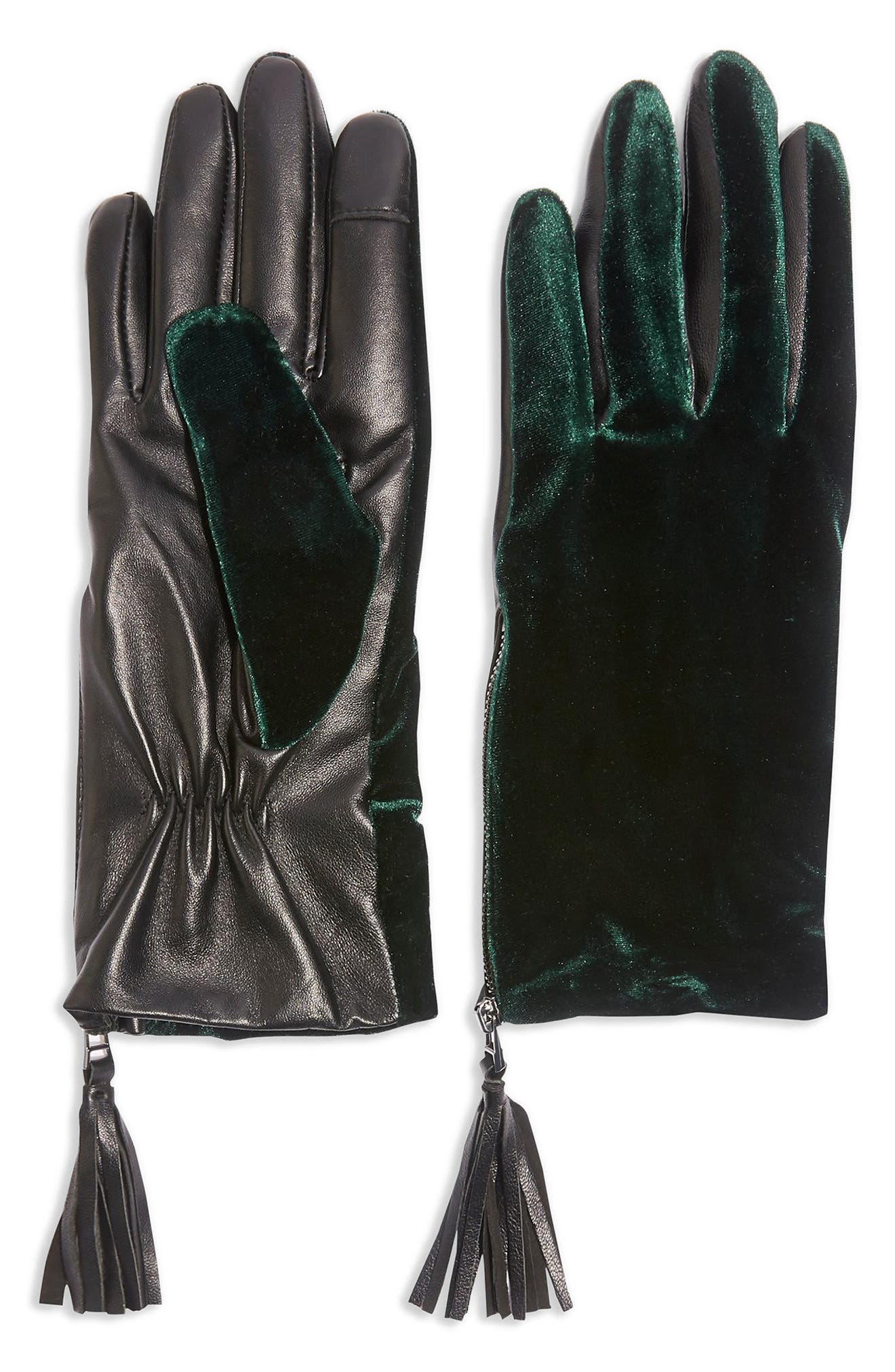 Topshop Velvet & Leather Touchscreen Gloves, Green