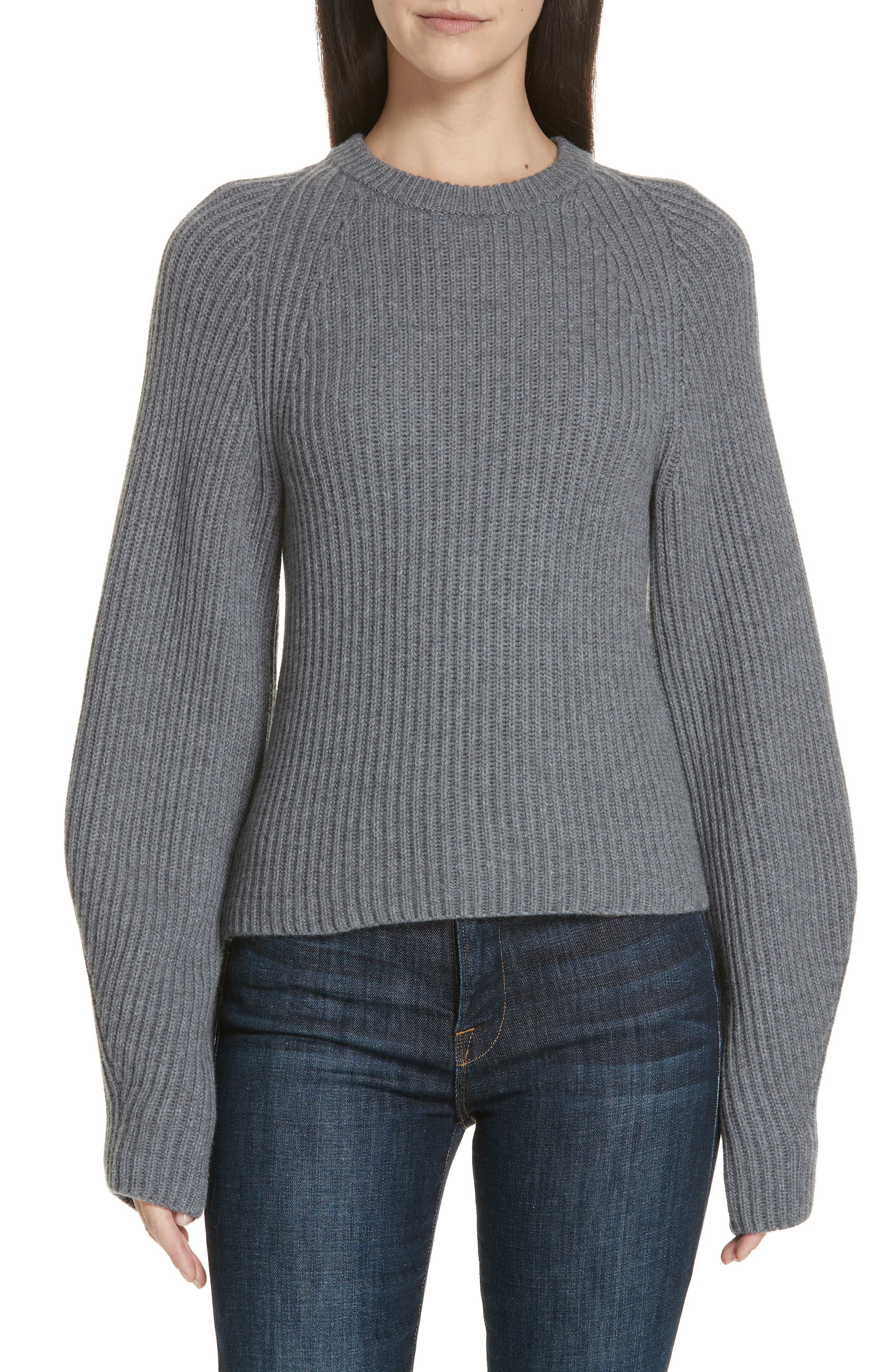 Theory Sculpted Sleeve Shaker Stitch Merino Wool Sweater, Grey