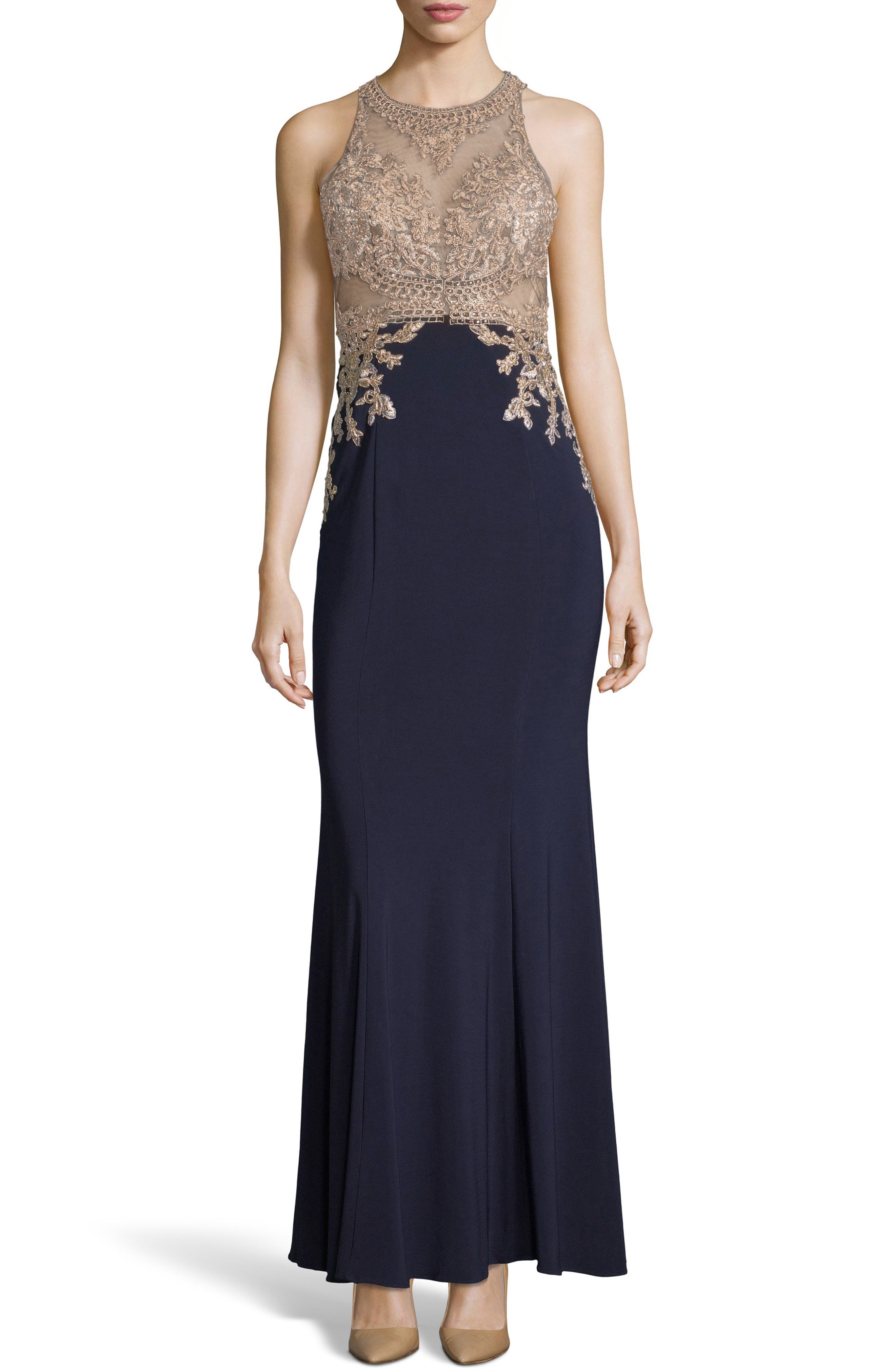 Xscape High Neck Embroidered Bodice Evening Dress, Blue