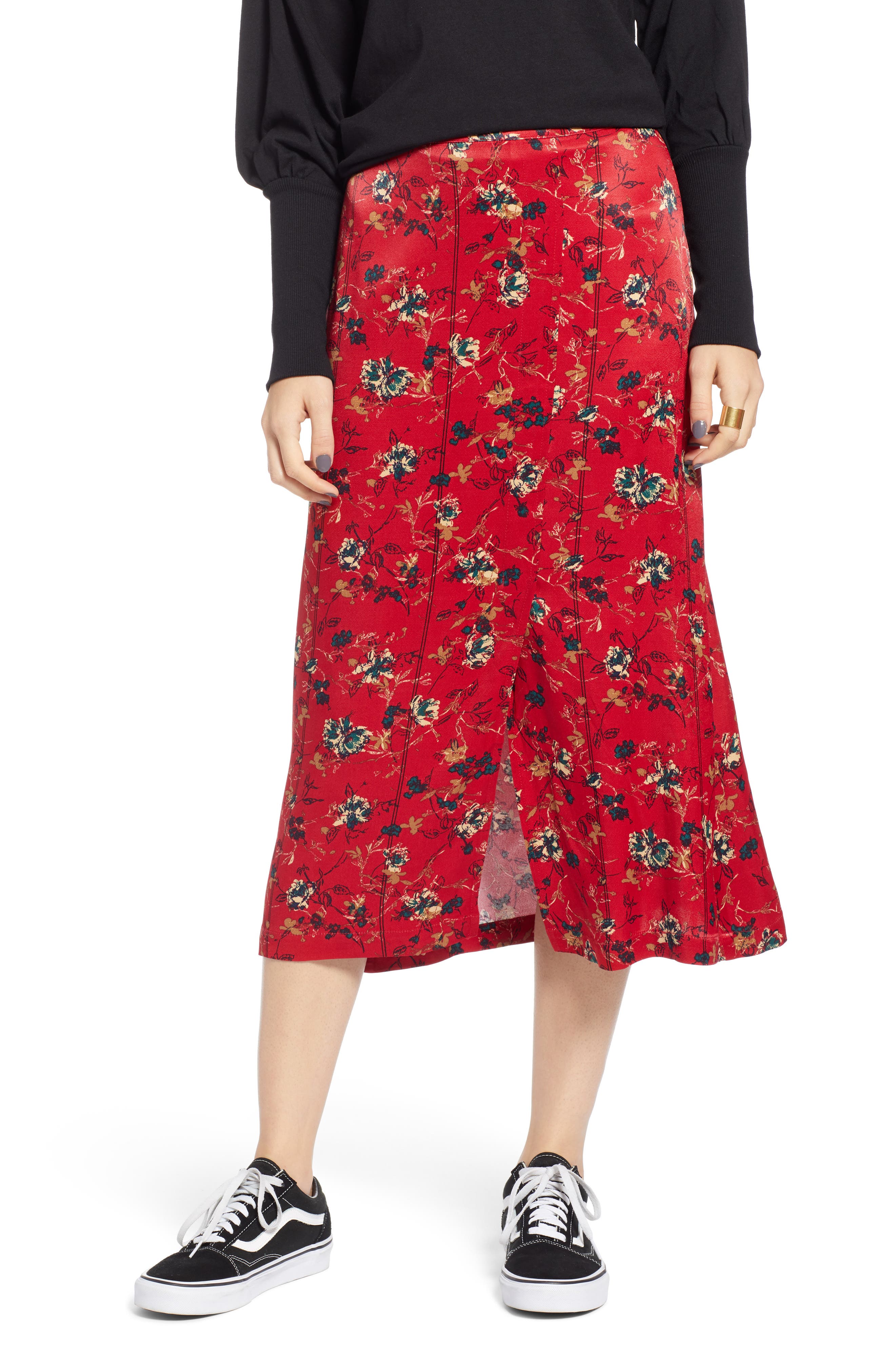 Treasure & Bond Floral Midi Skirt, Red