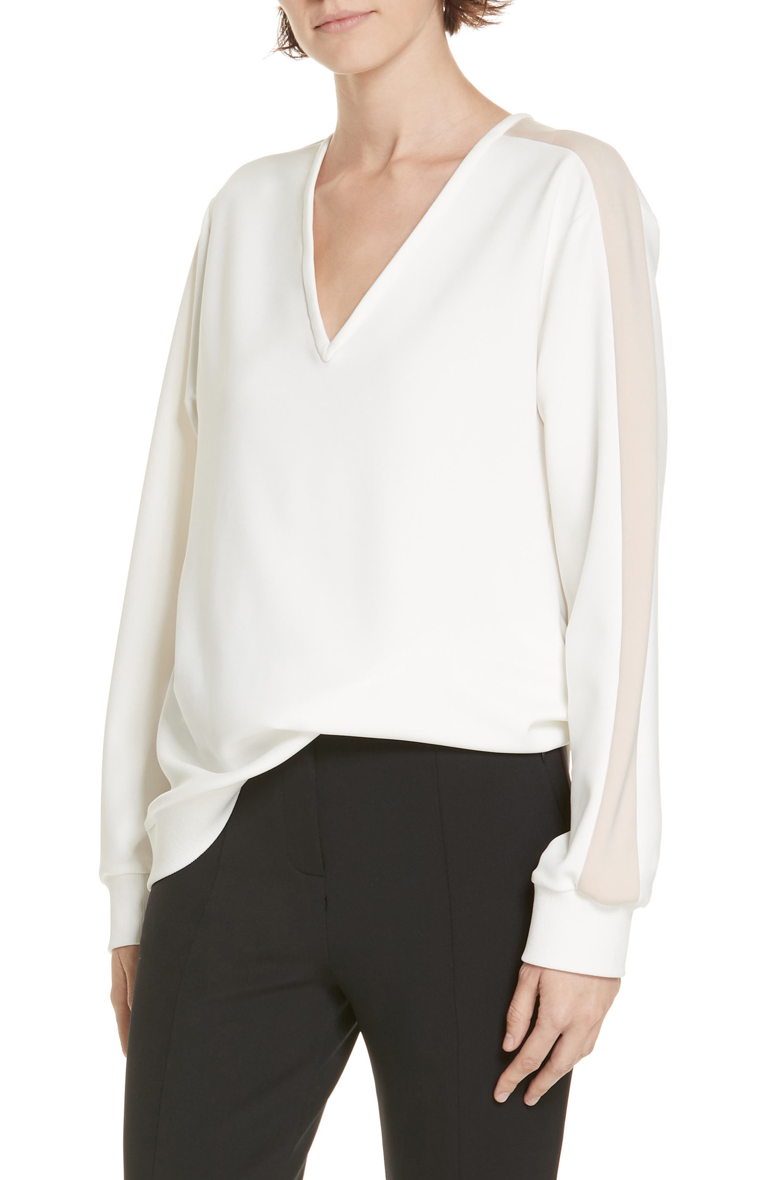 Tibi Tech Knit Stripe Sleeve Sweater, Ivory