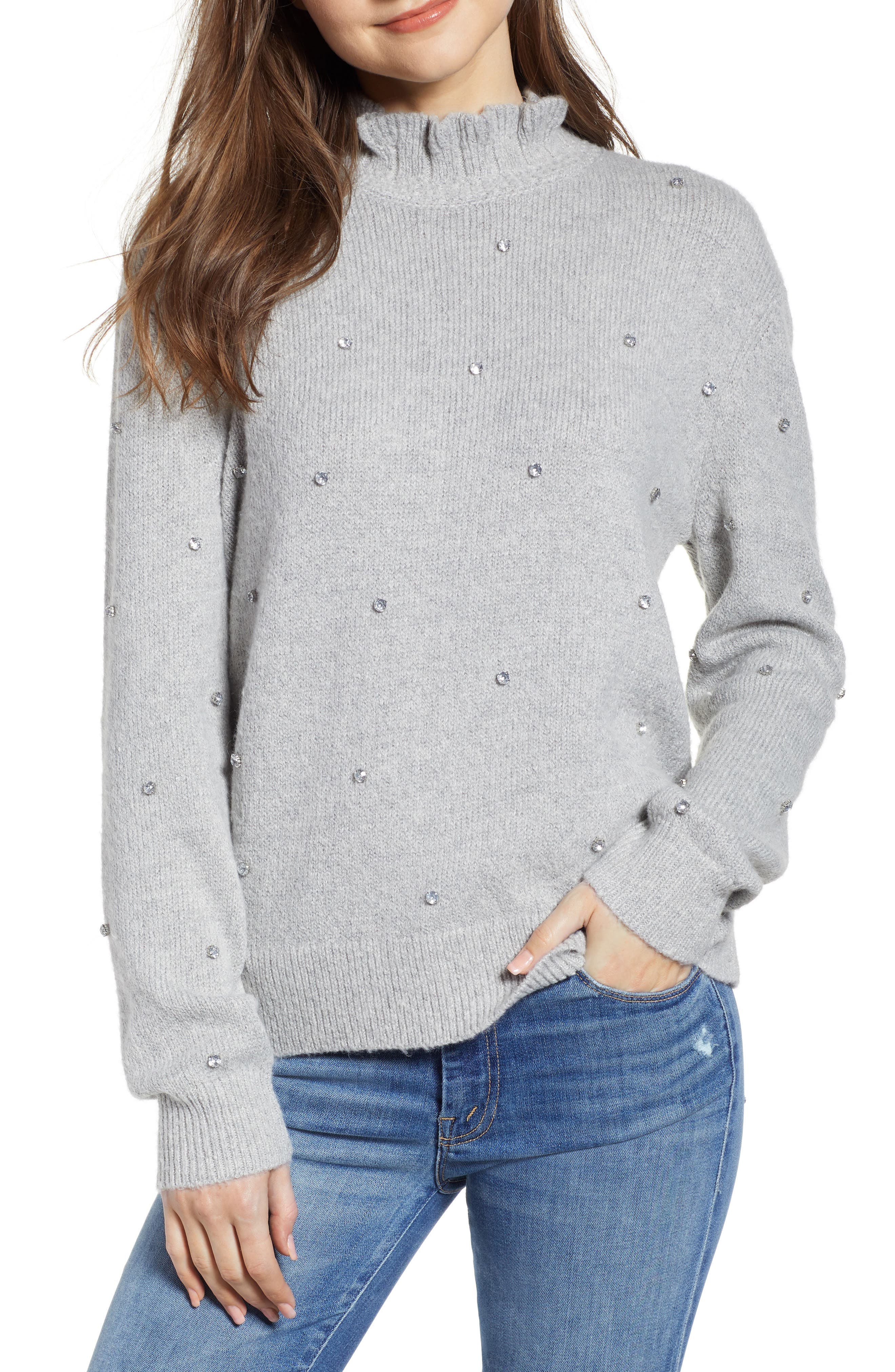 Hinge Embellished Ruffle Neck Sweater, Grey