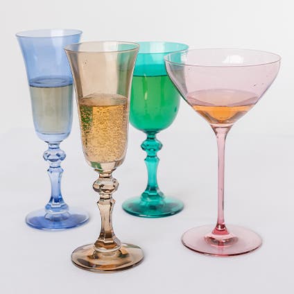 Colorful regal flutes, goblet and martini glass.