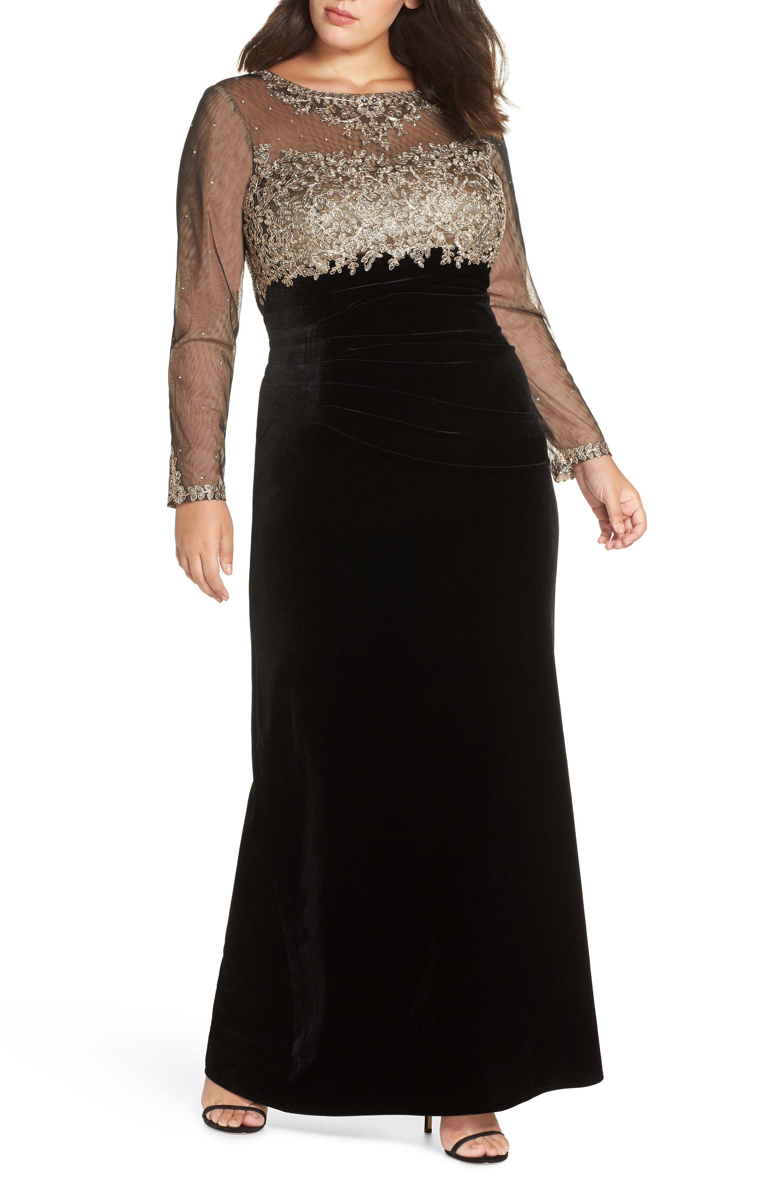 Plus Size Xscape Metallic Embroidered Velvet Gown, Black
