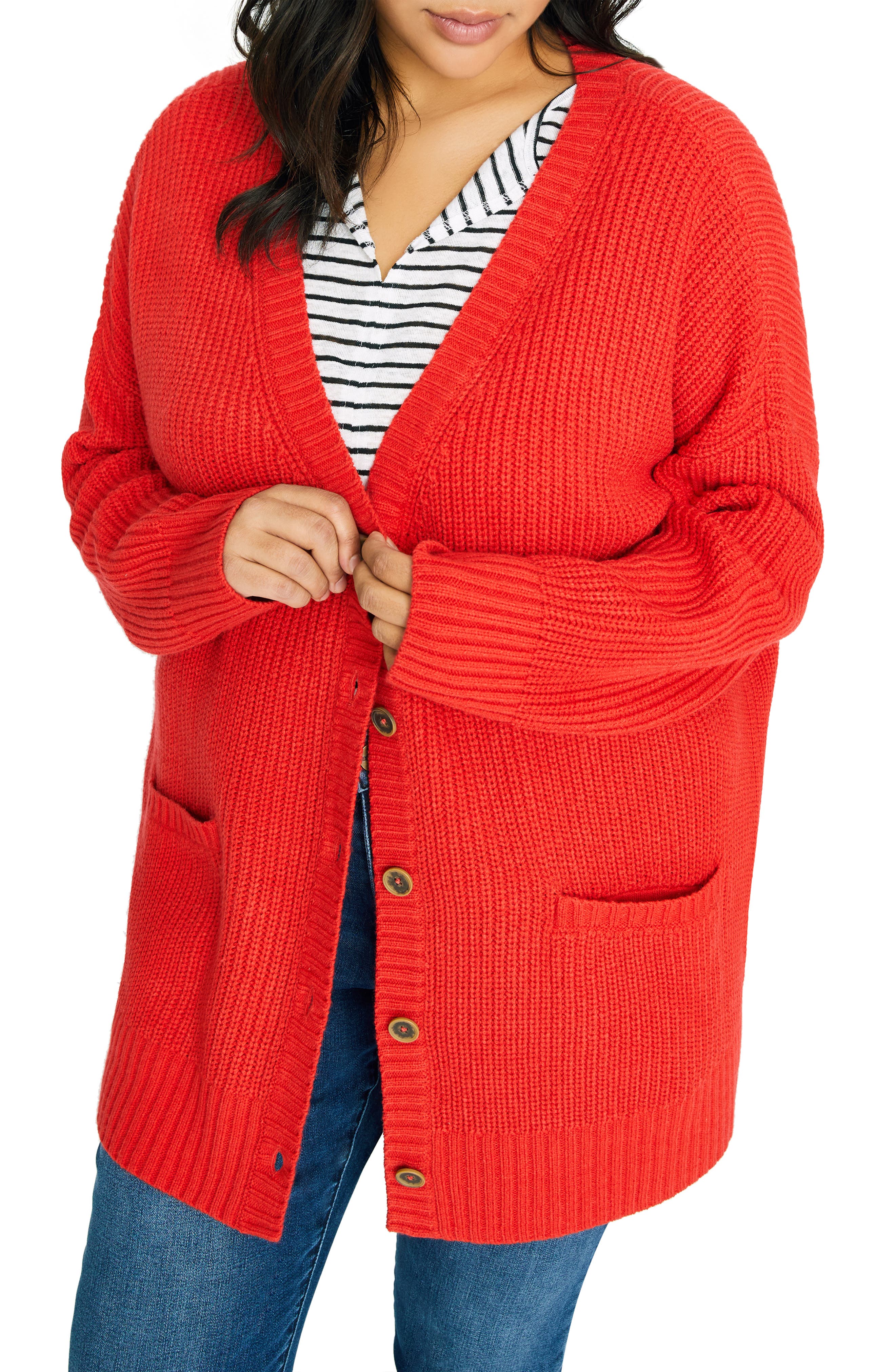 Plus Size Sanctuary Keep It Cozy Shaker Knit Cardigan, Red
