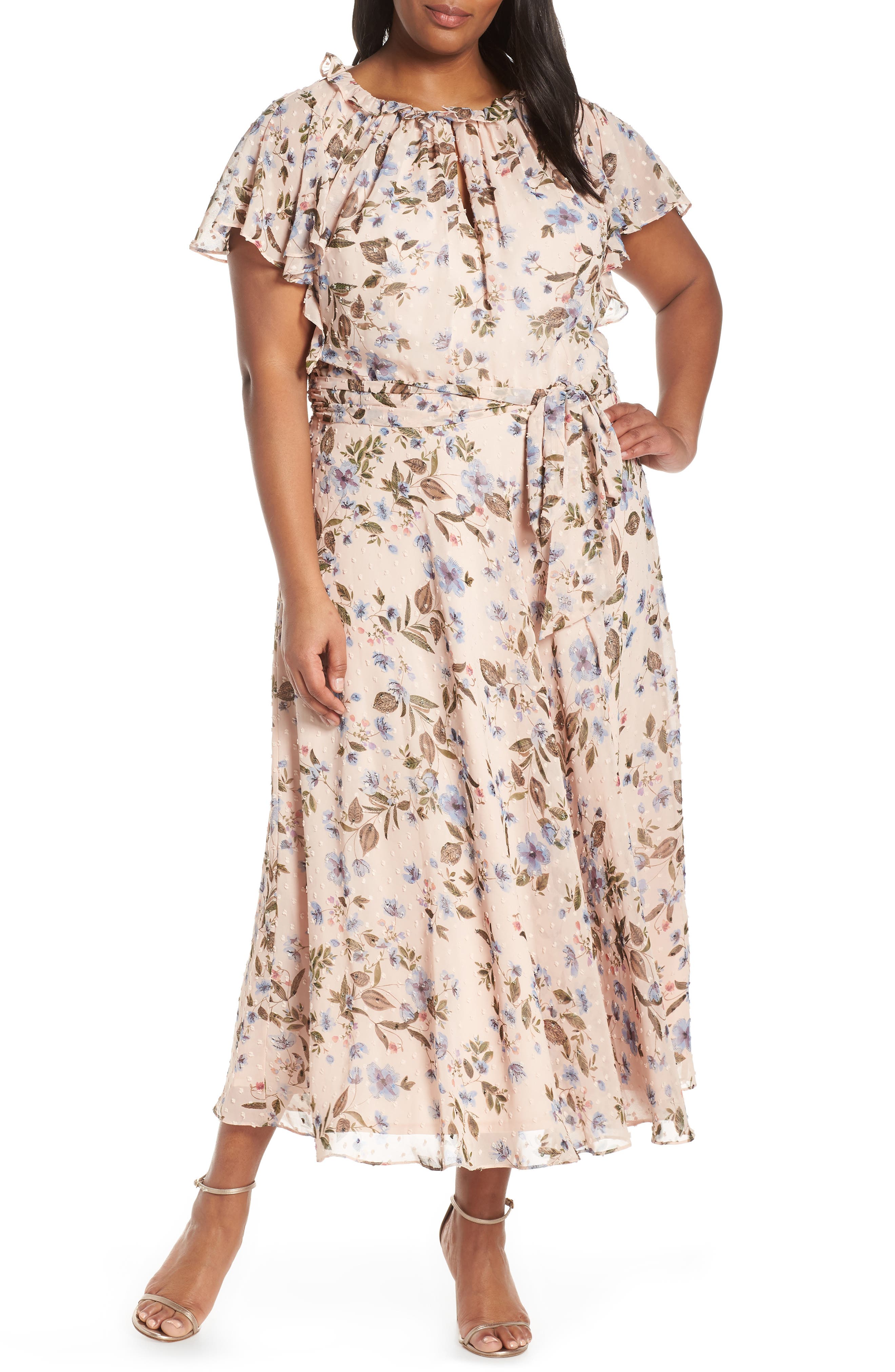Plus Size Tahari Floral Print Swiss Dot Maxi Dress, Pink