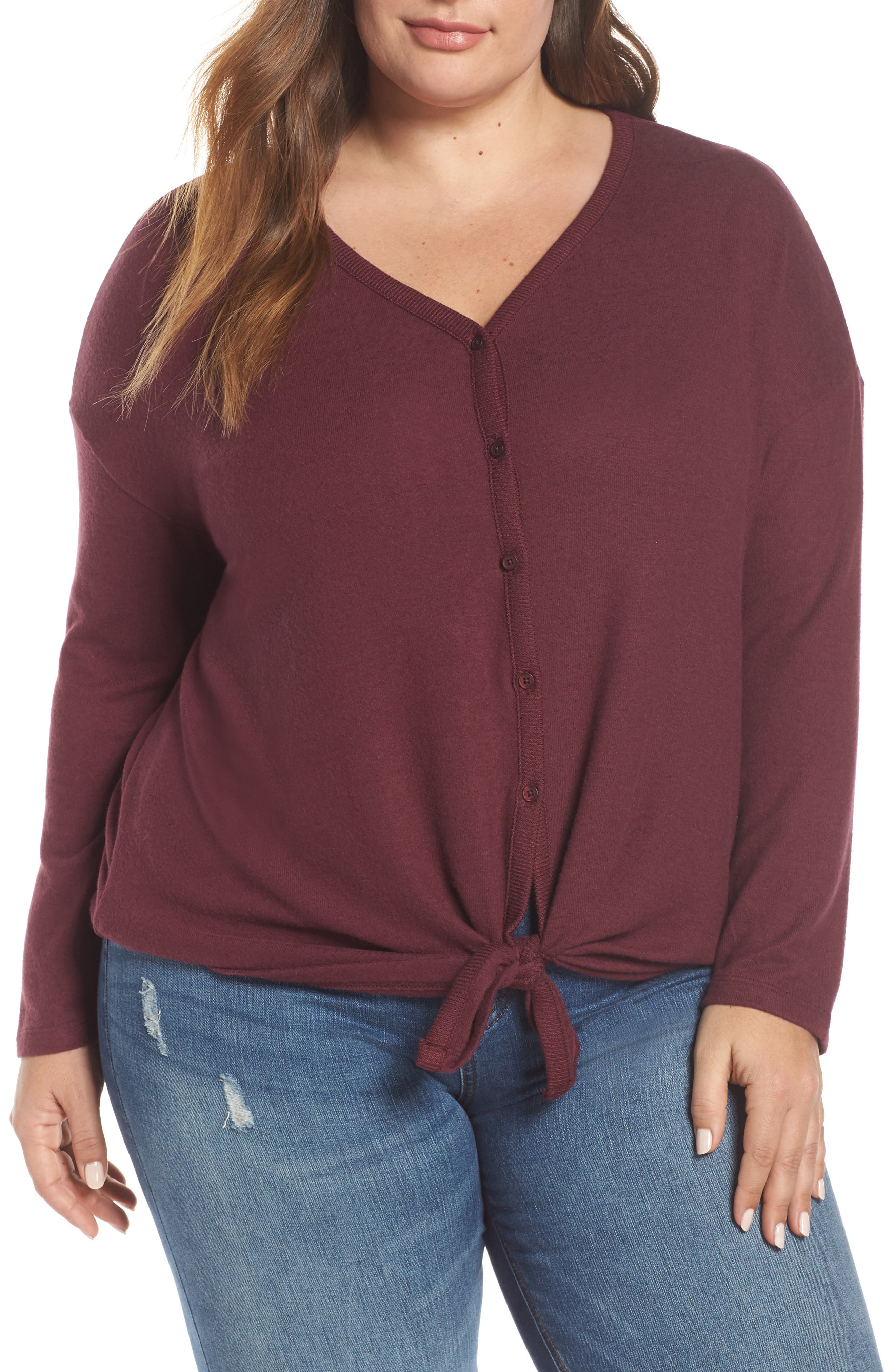 Plus Size Caslon Cozy Tie Front Cardigan, Burgundy
