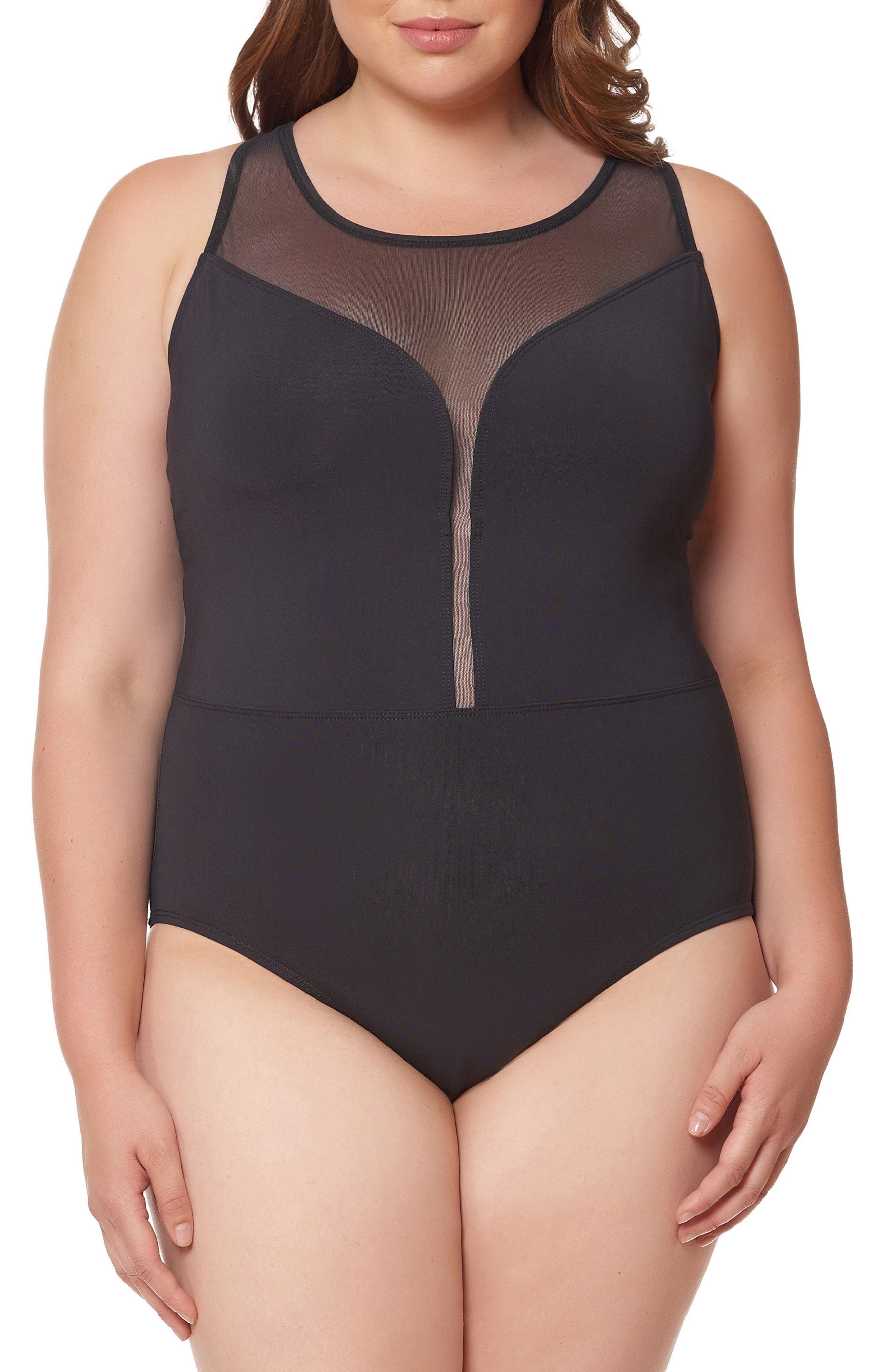 Plus Size Bleu By Rod Beattie Mesh Plunge One-Piece Swimsuit, Black